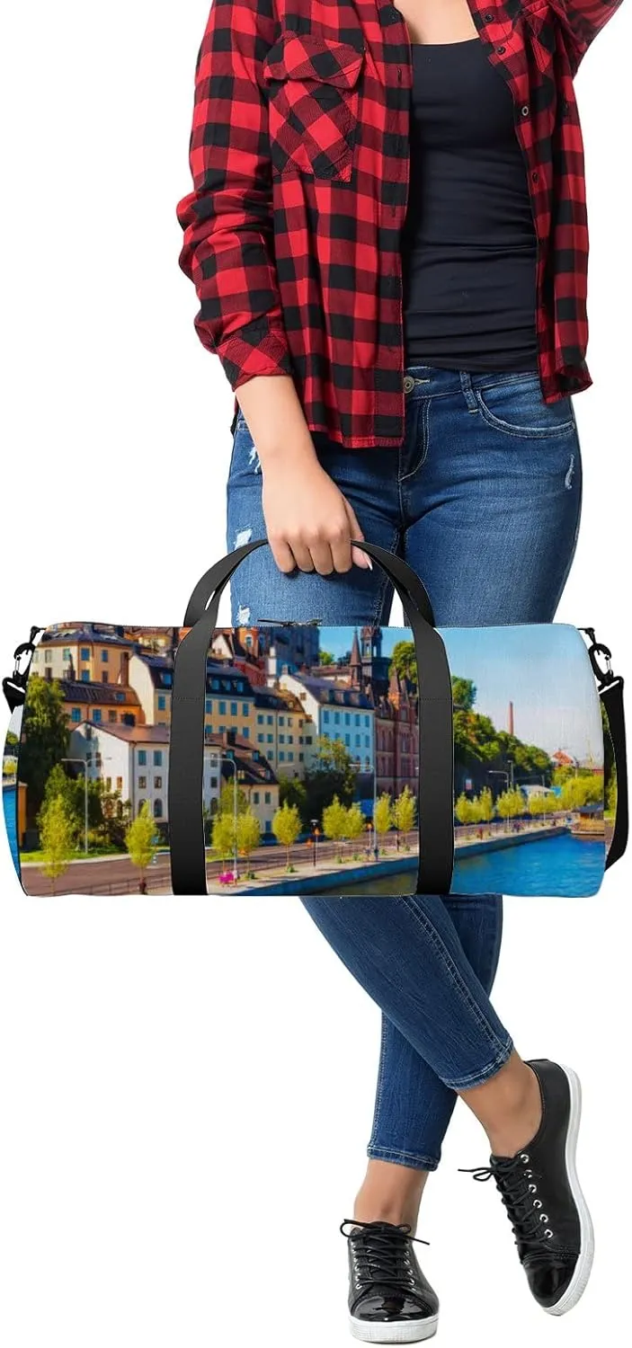 Blue Scenic Blue Summer View Old Town Pier Sports Bag Tote Bag Waterproof Gym Bag with Shoulder Strap Zipper 2 Side Pockets for Men and Women, Travel and Storage Shoulder Bag.
