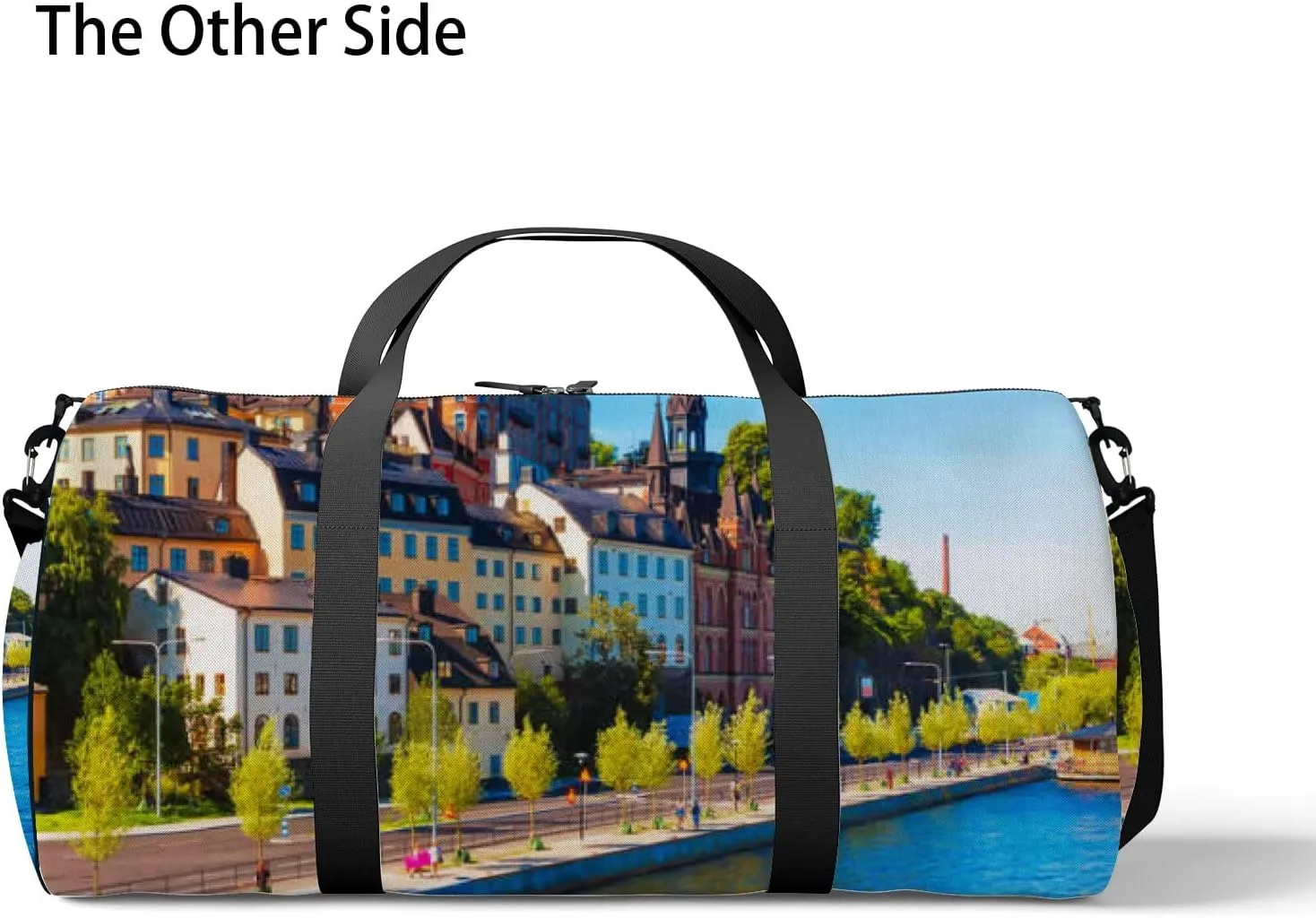 Blue Scenic Blue Summer View Old Town Pier Sports Bag Tote Bag Waterproof Gym Bag with Shoulder Strap Zipper 2 Side Pockets for Men and Women, Travel and Storage Shoulder Bag.