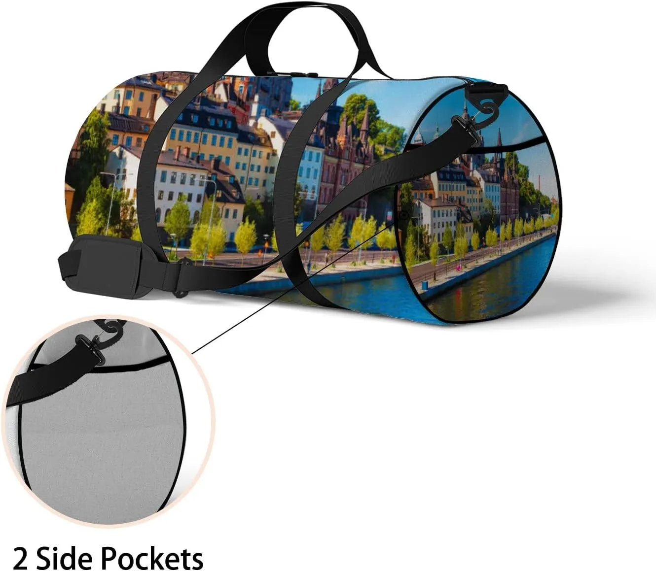 Blue Scenic Blue Summer View Old Town Pier Sports Bag Tote Bag Waterproof Gym Bag with Shoulder Strap Zipper 2 Side Pockets for Men and Women, Travel and Storage Shoulder Bag.