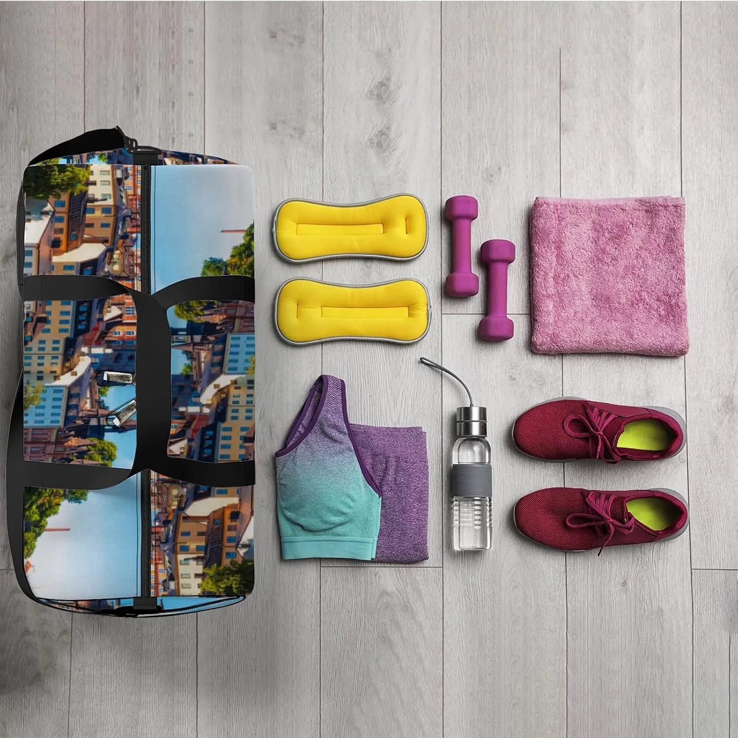 Blue Scenic Blue Summer View Old Town Pier Sports Bag Tote Bag Waterproof Gym Bag with Shoulder Strap Zipper 2 Side Pockets for Men and Women, Travel and Storage Shoulder Bag.