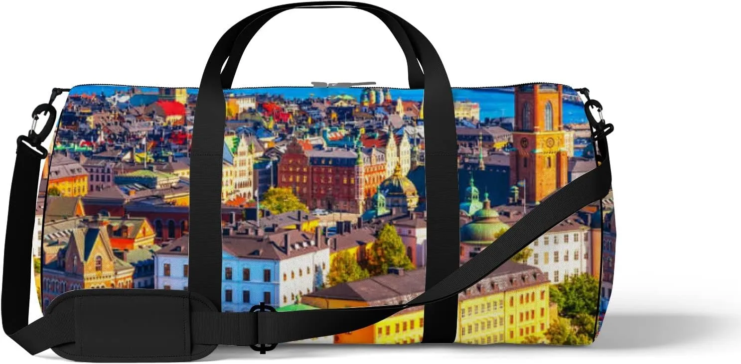 Blue Scenic Summer Aerial Panorama Old Town Sports Bag Tote Bag Waterproof Gym Bag with Shoulder Strap Zipper 2 Side Pockets for Men and Women, Travel and Storage Shoulder Bag.