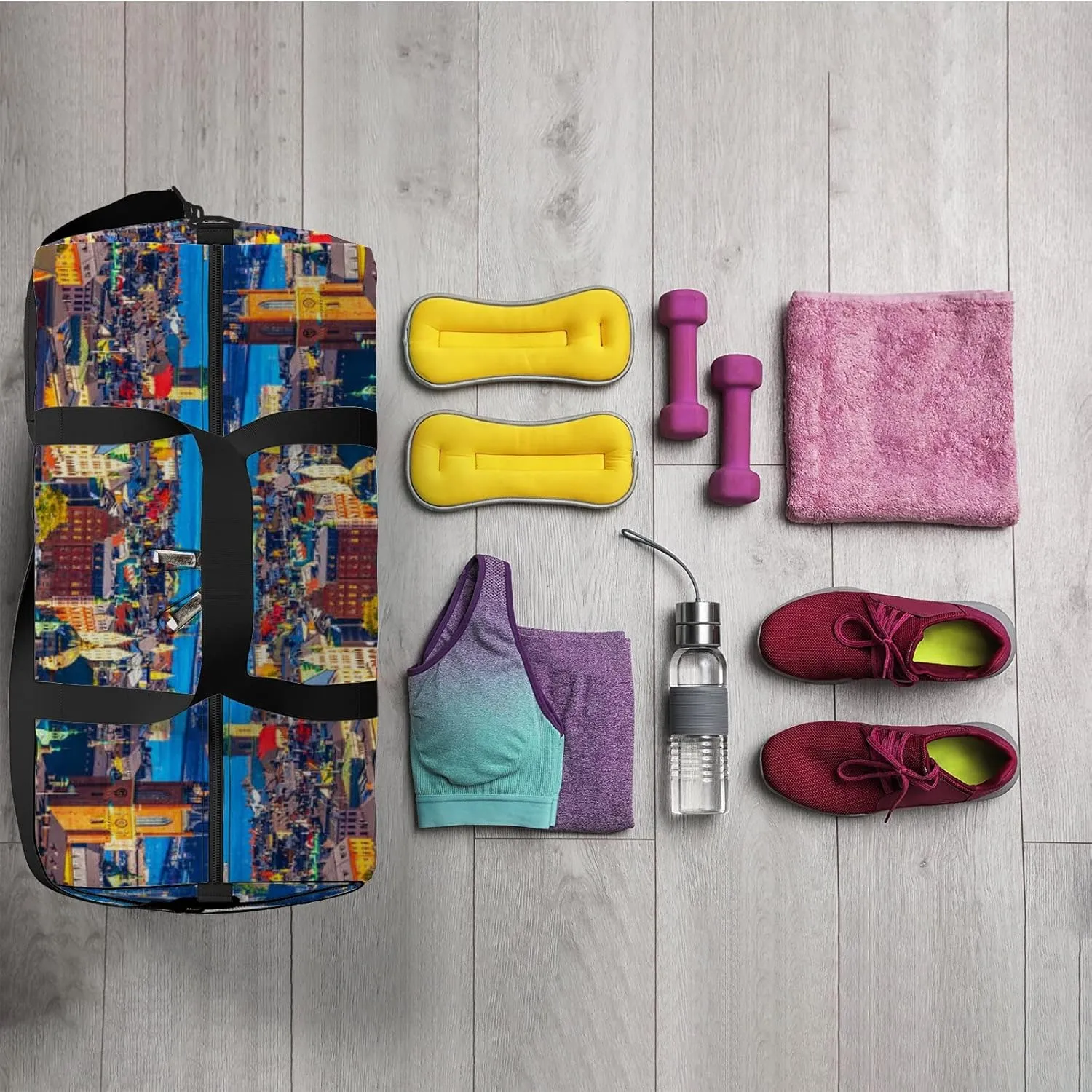 Blue Scenic Summer Aerial Panorama Old Town Sports Bag Tote Bag Waterproof Gym Bag with Shoulder Strap Zipper 2 Side Pockets for Men and Women, Travel and Storage Shoulder Bag.