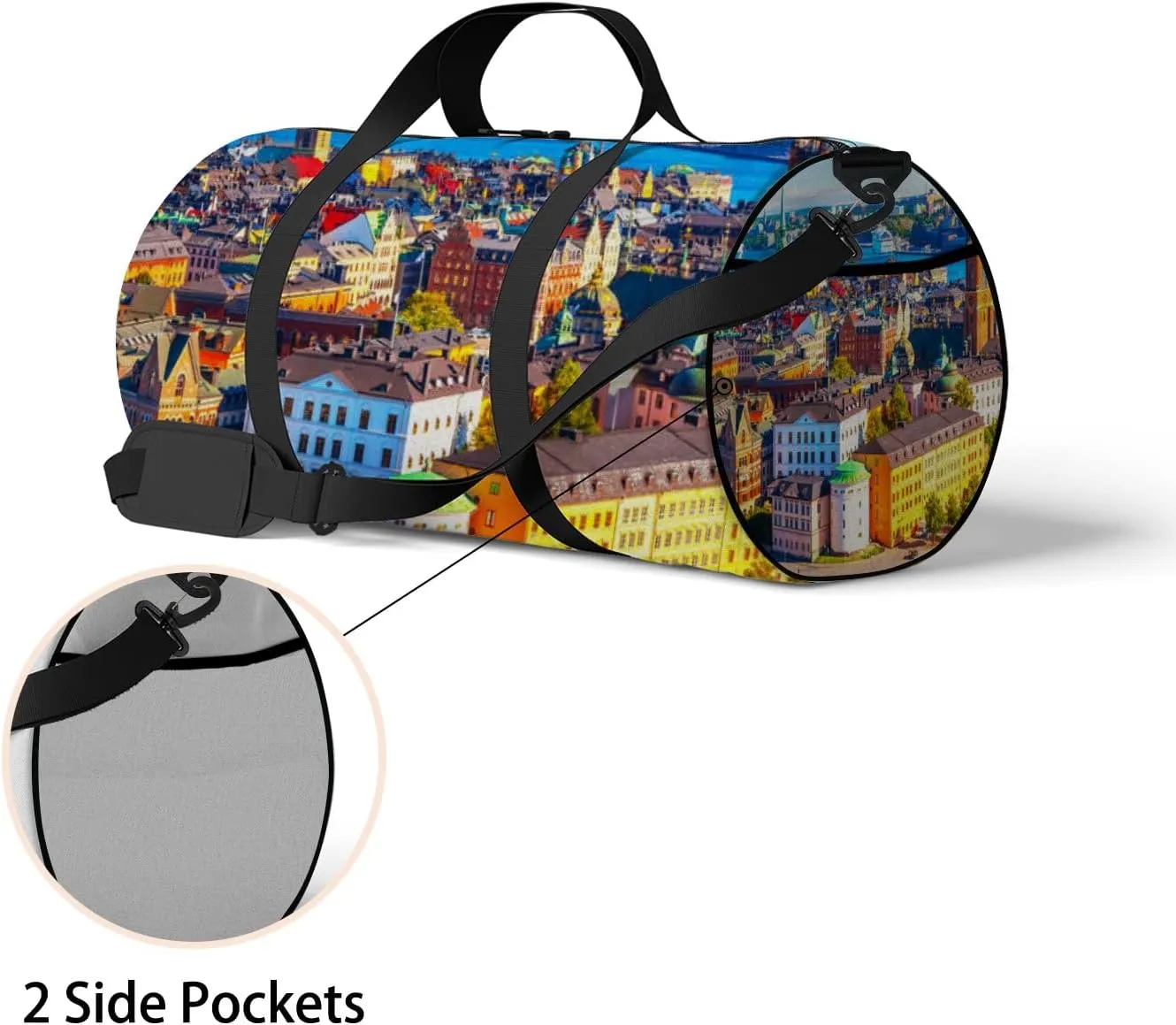 Blue Scenic Summer Aerial Panorama Old Town Sports Bag Tote Bag Waterproof Gym Bag with Shoulder Strap Zipper 2 Side Pockets for Men and Women, Travel and Storage Shoulder Bag.