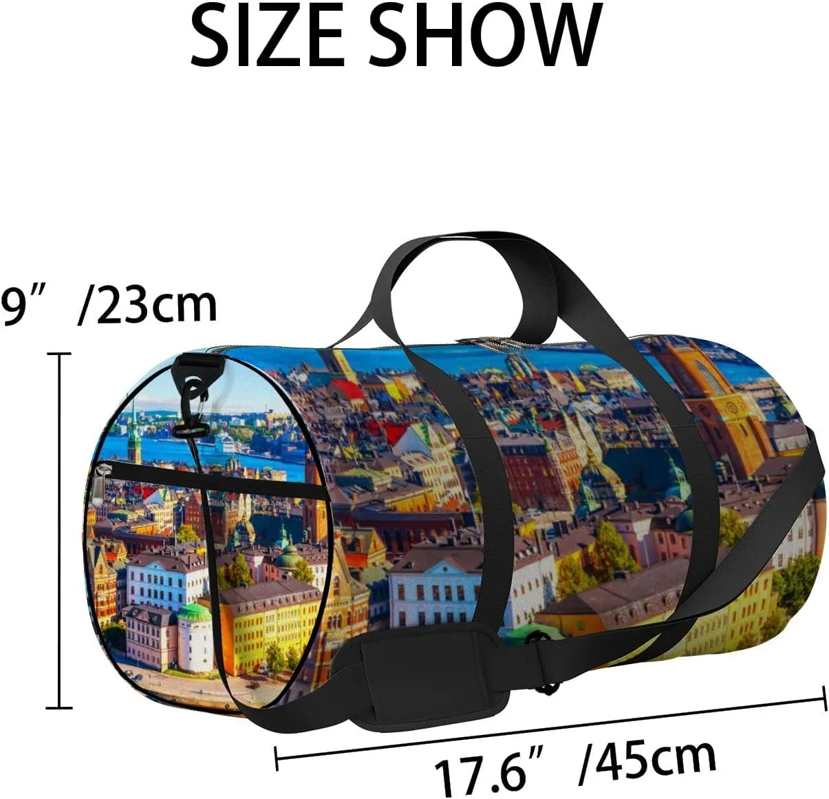 Blue Scenic Summer Aerial Panorama Old Town Sports Bag Tote Bag Waterproof Gym Bag with Shoulder Strap Zipper 2 Side Pockets for Men and Women, Travel and Storage Shoulder Bag.