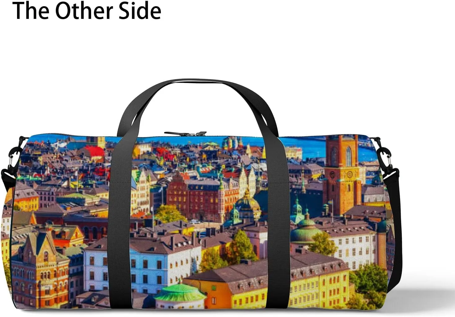 Blue Scenic Summer Aerial Panorama Old Town Sports Bag Tote Bag Waterproof Gym Bag with Shoulder Strap Zipper 2 Side Pockets for Men and Women, Travel and Storage Shoulder Bag.