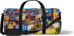 Blue Scenic Summer Aerial Panorama Old Town Sports Bag Tote Bag Waterproof Gym Bag with Shoulder Strap Zipper 2 Side Pockets for Men and Women, Travel and Storage Shoulder Bag.