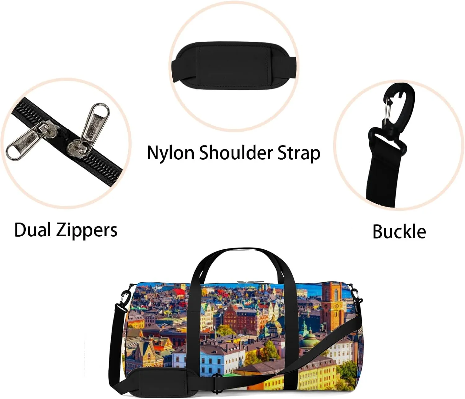 Blue Scenic Summer Aerial Panorama Old Town Sports Bag Tote Bag Waterproof Gym Bag with Shoulder Strap Zipper 2 Side Pockets for Men and Women, Travel and Storage Shoulder Bag.