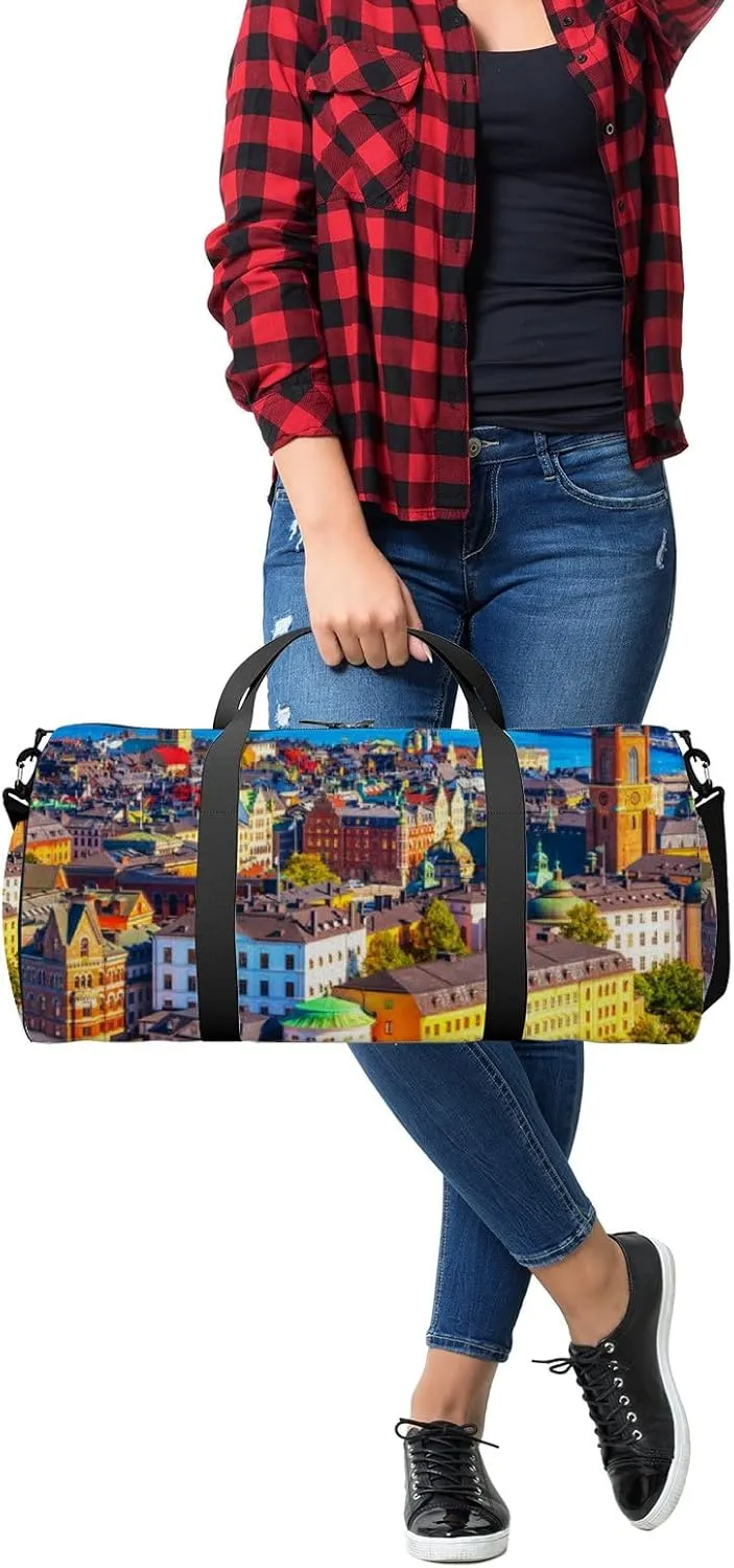 Blue Scenic Summer Aerial Panorama Old Town Sports Bag Tote Bag Waterproof Gym Bag with Shoulder Strap Zipper 2 Side Pockets for Men and Women, Travel and Storage Shoulder Bag.