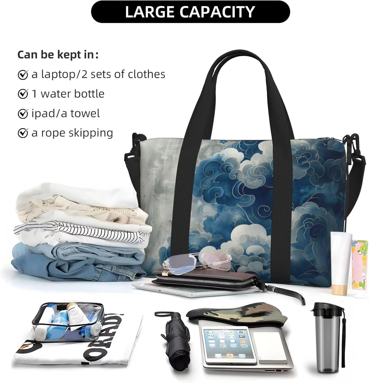 Blue silver cloud print Travel Duffel Bag, Sports Tote Gym Bag, Swim Pool Bag Large Shoulder Tote Bag for Beach Weekender