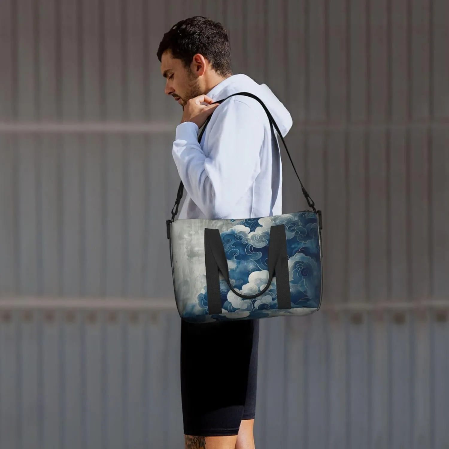 Blue silver cloud print Travel Duffel Bag, Sports Tote Gym Bag, Swim Pool Bag Large Shoulder Tote Bag for Beach Weekender