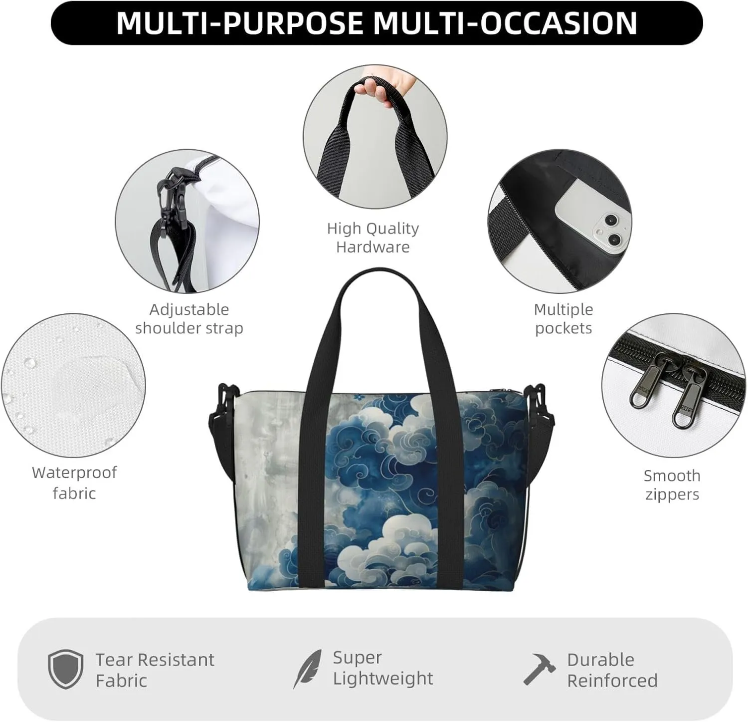 Blue silver cloud print Travel Duffel Bag, Sports Tote Gym Bag, Swim Pool Bag Large Shoulder Tote Bag for Beach Weekender