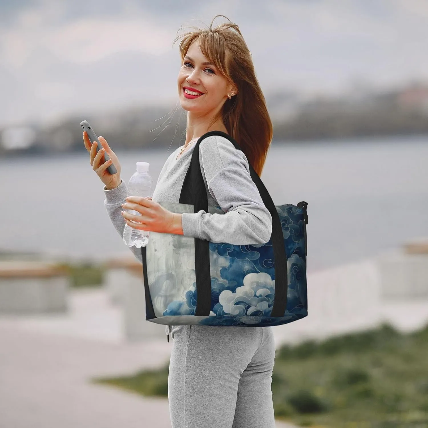 Blue silver cloud print Travel Duffel Bag, Sports Tote Gym Bag, Swim Pool Bag Large Shoulder Tote Bag for Beach Weekender