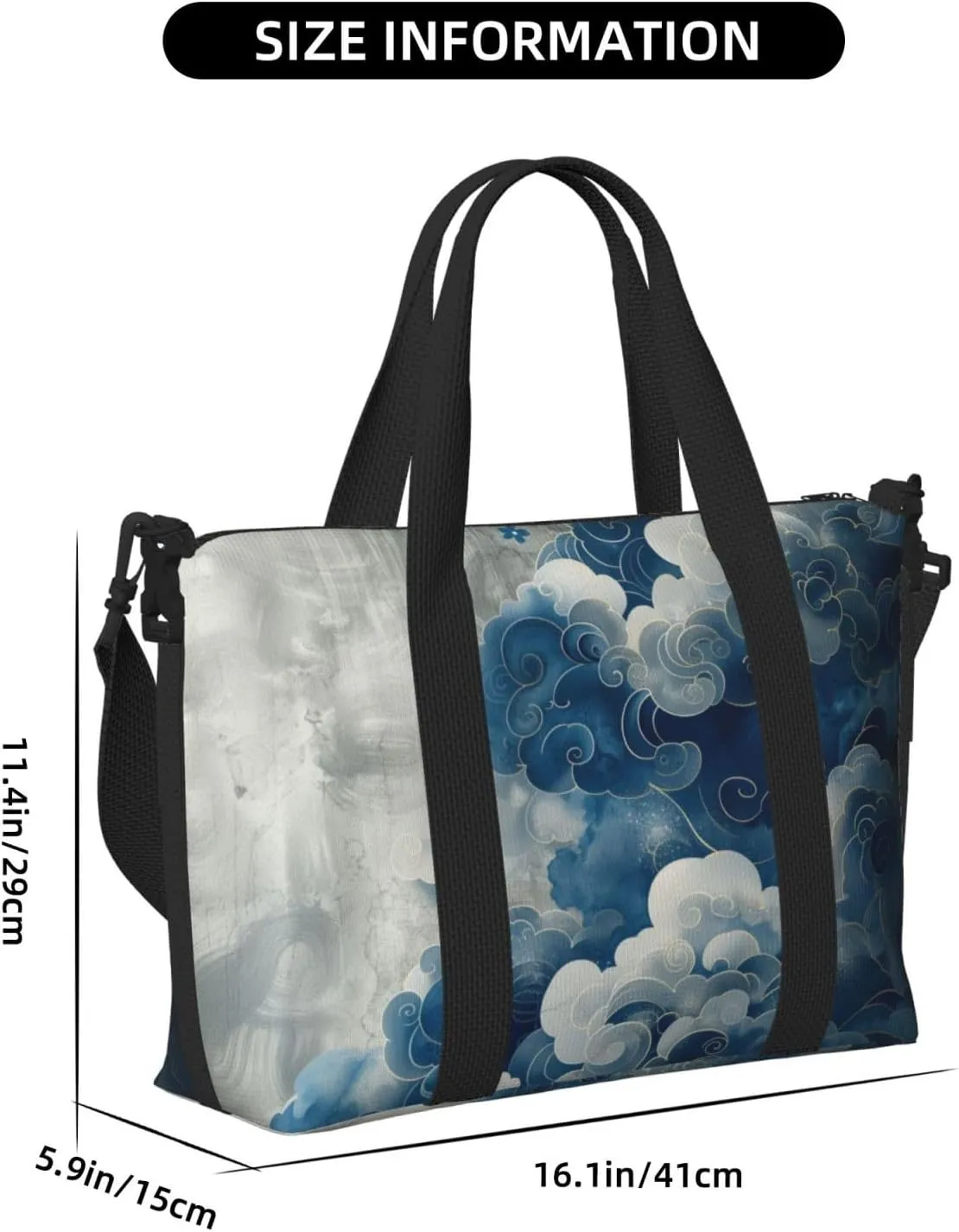 Blue silver cloud print Travel Duffel Bag, Sports Tote Gym Bag, Swim Pool Bag Large Shoulder Tote Bag for Beach Weekender