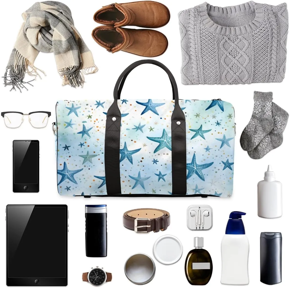 Blue Starfish Travel Duffle Bag for Women Men Gym Duffel Foldable Bag Waterproof Weekender Nautical Sea Duffle Tote