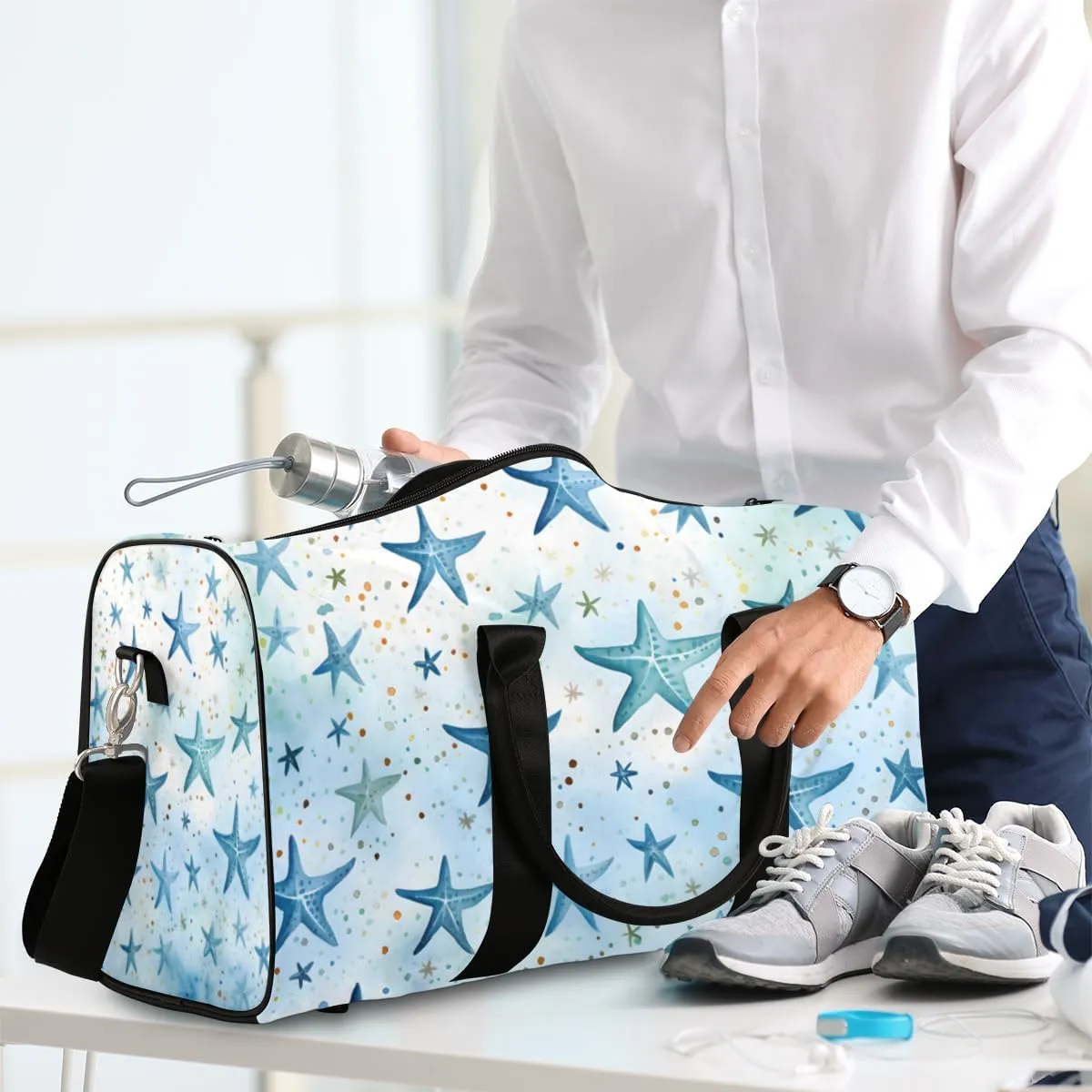 Blue Starfish Travel Duffle Bag for Women Men Gym Duffel Foldable Bag Waterproof Weekender Nautical Sea Duffle Tote