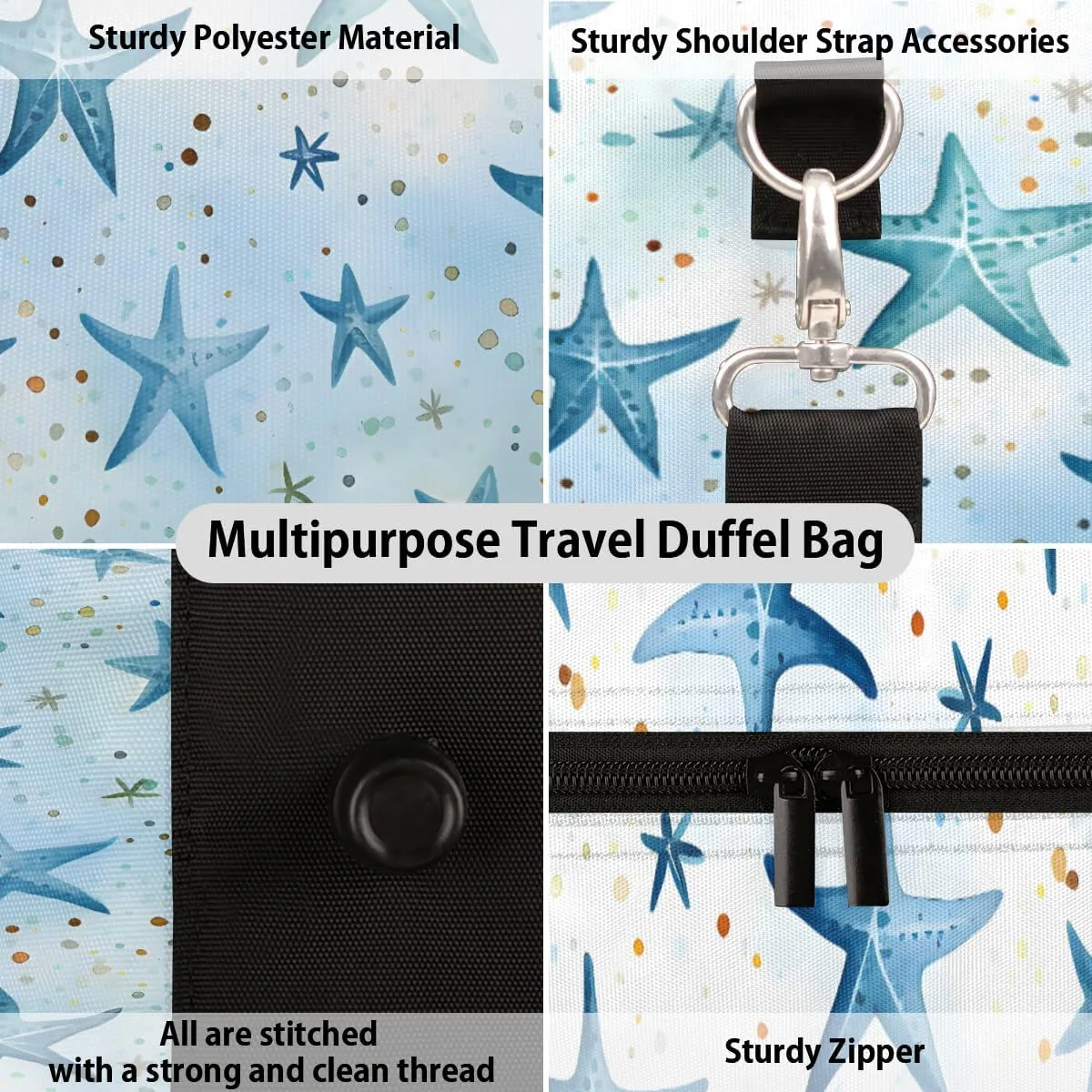 Blue Starfish Travel Duffle Bag for Women Men Gym Duffel Foldable Bag Waterproof Weekender Nautical Sea Duffle Tote