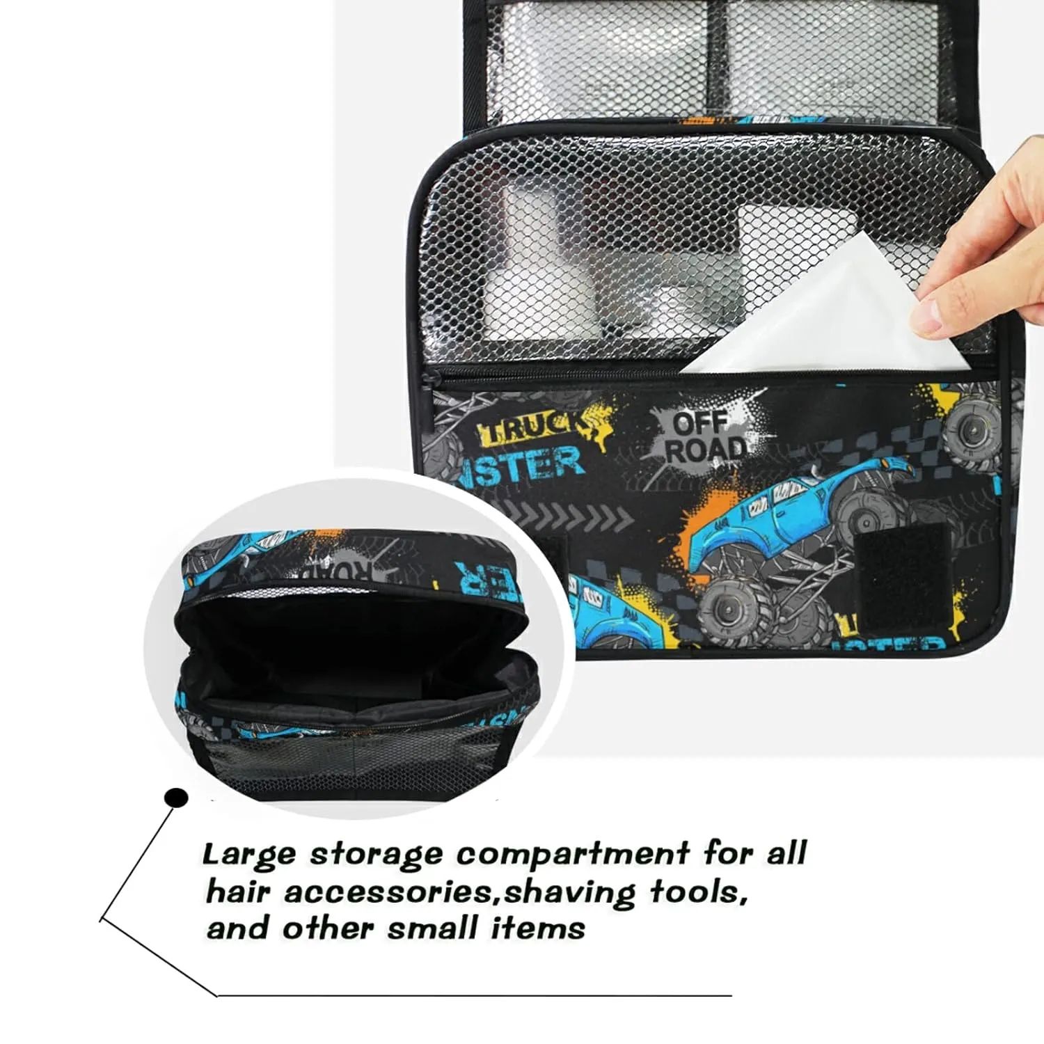 Blue Truck Car, Trace of Tire, Drive and Speed on Black Travel Cosmetic Bag, Hanging Toiletry Wash bag, Portable Makeup Organizer Brush Case, Storage Bag with Hook for Bathroom Toilet