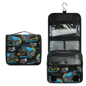 Blue Truck Car, Trace of Tire, Drive and Speed on Black Travel Cosmetic Bag, Hanging Toiletry Wash bag, Portable Makeup Organizer Brush Case, Storage Bag with Hook for Bathroom Toilet