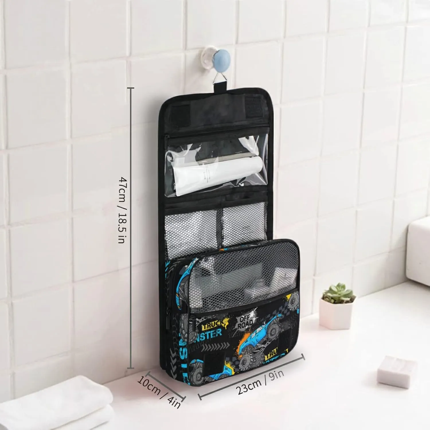 Blue Truck Car, Trace of Tire, Drive and Speed on Black Travel Cosmetic Bag, Hanging Toiletry Wash bag, Portable Makeup Organizer Brush Case, Storage Bag with Hook for Bathroom Toilet