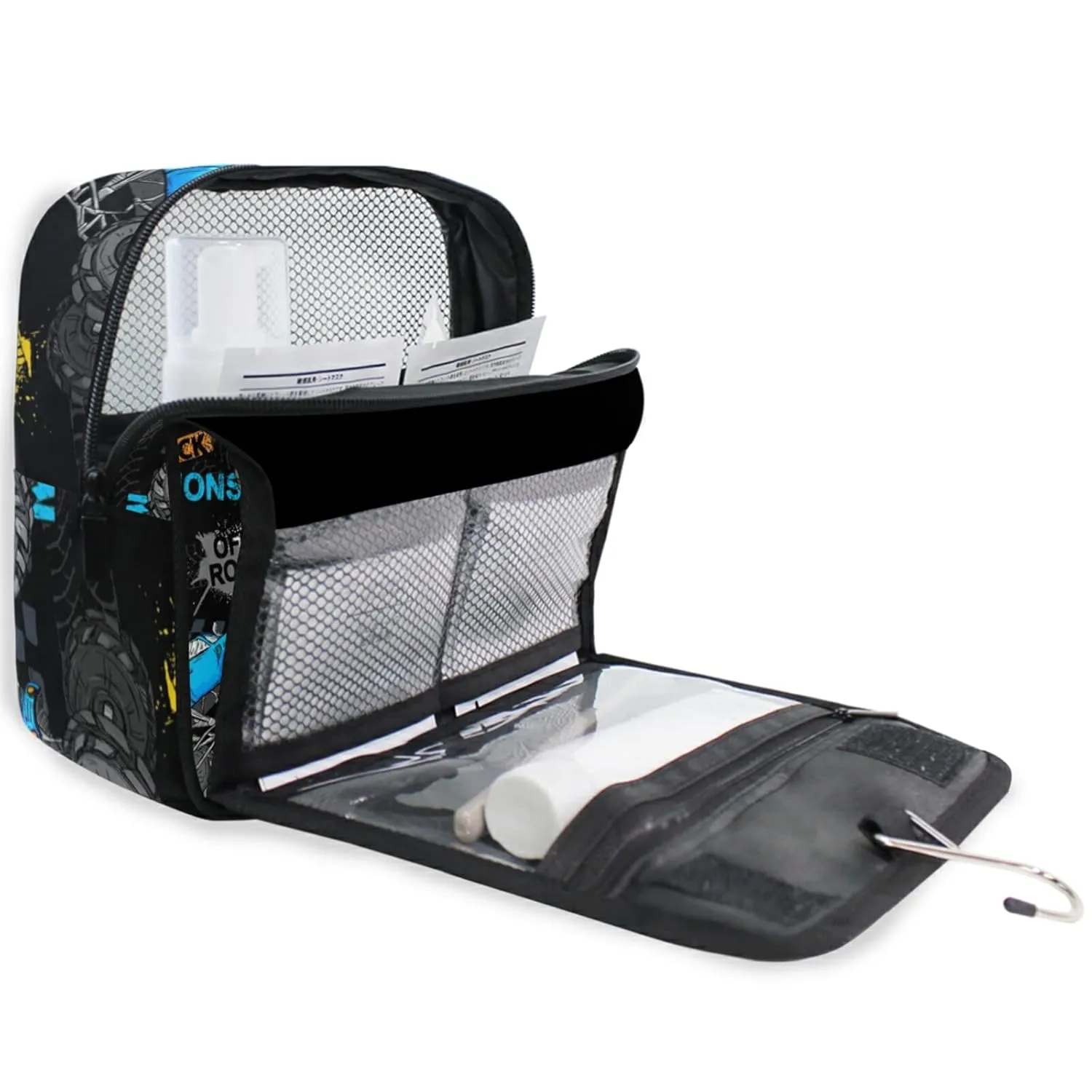 Blue Truck Car, Trace of Tire, Drive and Speed on Black Travel Cosmetic Bag, Hanging Toiletry Wash bag, Portable Makeup Organizer Brush Case, Storage Bag with Hook for Bathroom Toilet