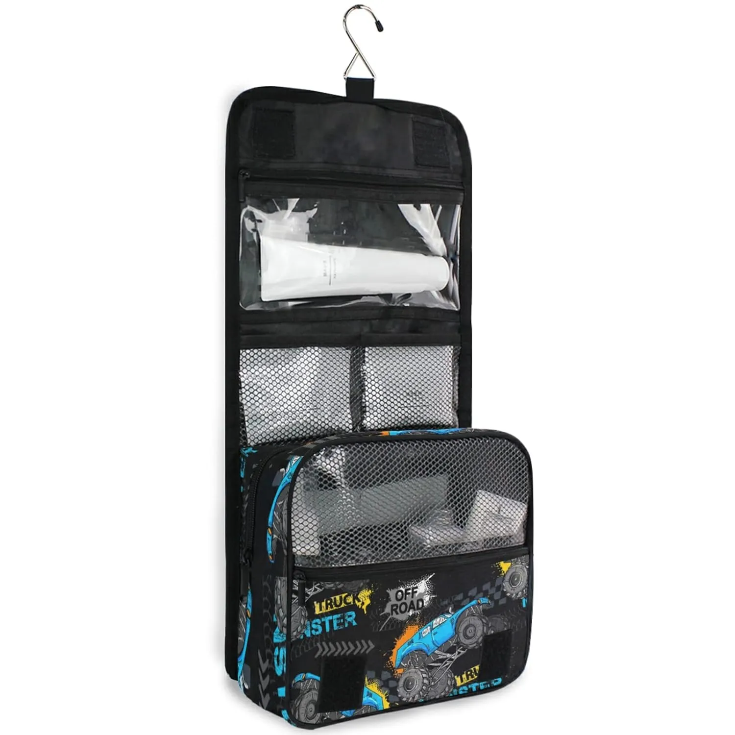 Blue Truck Car, Trace of Tire, Drive and Speed on Black Travel Cosmetic Bag, Hanging Toiletry Wash bag, Portable Makeup Organizer Brush Case, Storage Bag with Hook for Bathroom Toilet