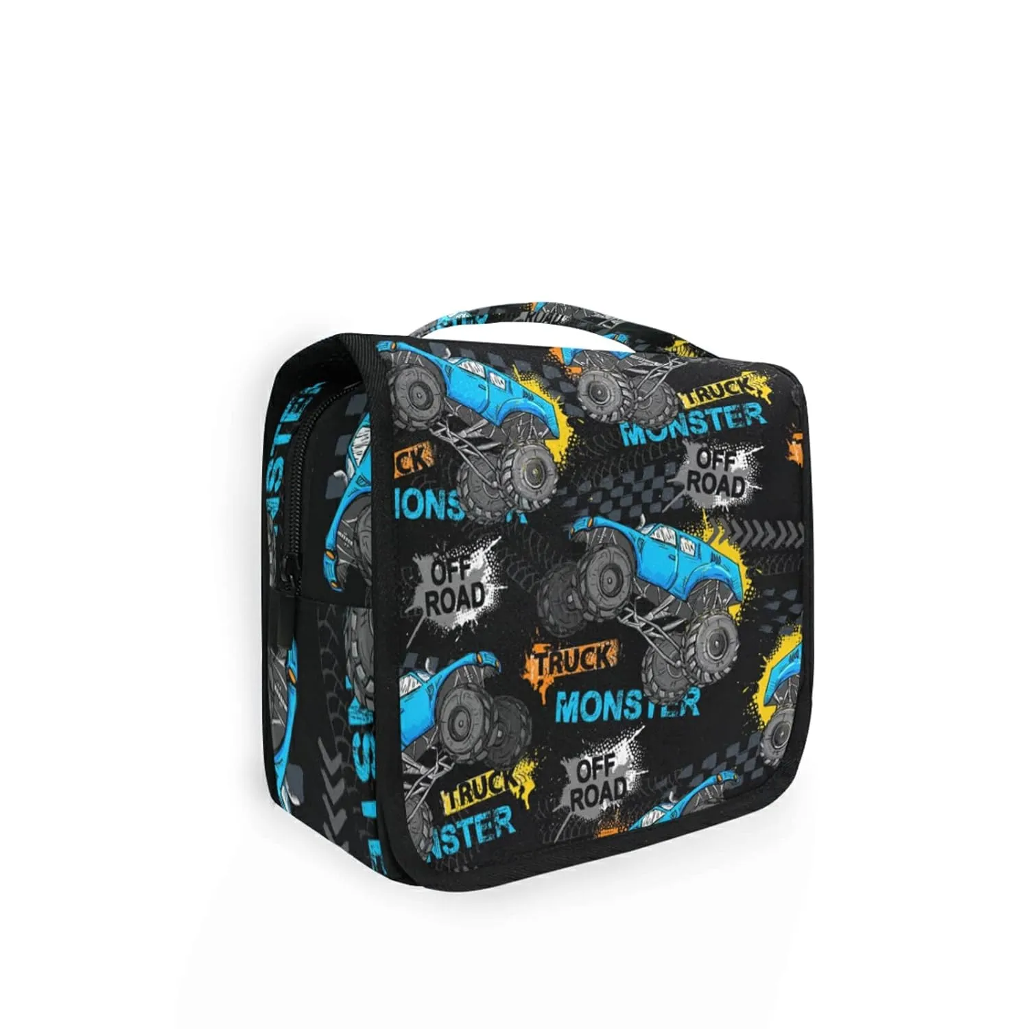 Blue Truck Car, Trace of Tire, Drive and Speed on Black Travel Cosmetic Bag, Hanging Toiletry Wash bag, Portable Makeup Organizer Brush Case, Storage Bag with Hook for Bathroom Toilet