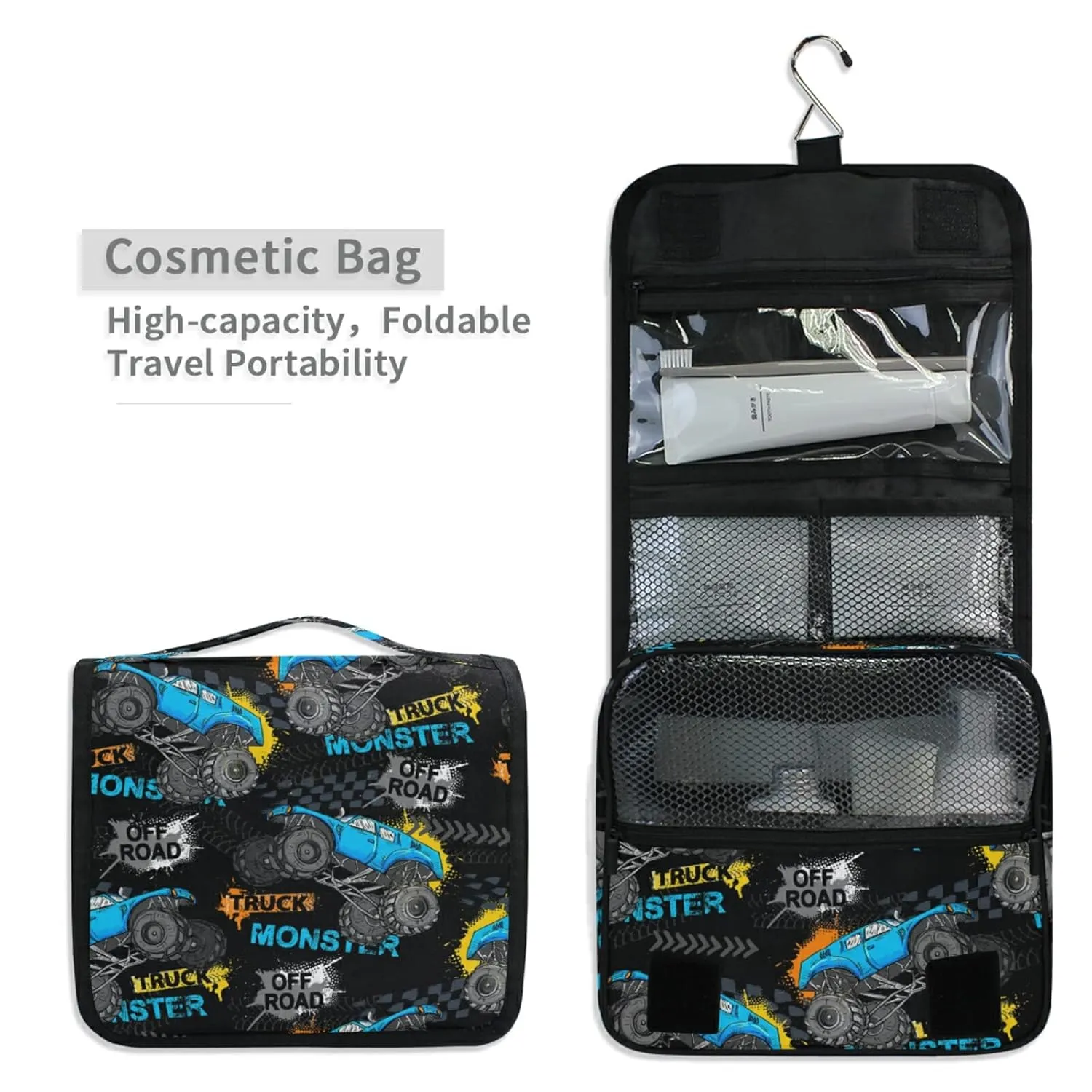 Blue Truck Car, Trace of Tire, Drive and Speed on Black Travel Cosmetic Bag, Hanging Toiletry Wash bag, Portable Makeup Organizer Brush Case, Storage Bag with Hook for Bathroom Toilet