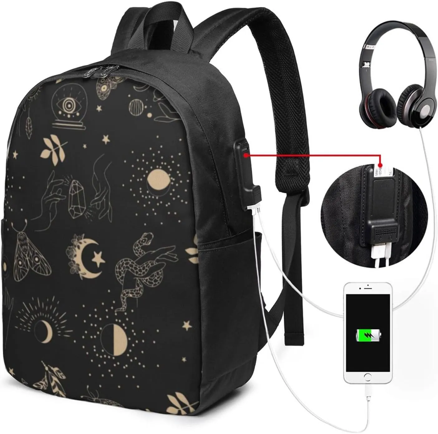 Boho Magic Tarot Witch Backpack, 17 Inch Travel Business Laptop Backpack With USB Port for Women Men