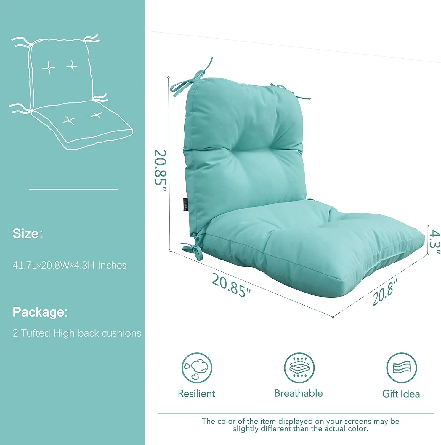 BOSSIMA Outdoor Indoor High Back Chair Tufted Thick Cushions Comfort Replacement Patio Seating Cushions Set of 2 Blue Lake
