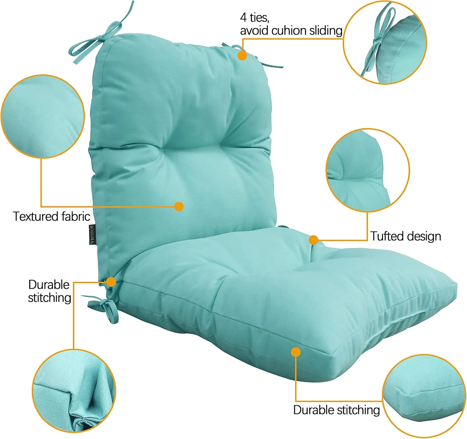 BOSSIMA Outdoor Indoor High Back Chair Tufted Thick Cushions Comfort Replacement Patio Seating Cushions Set of 2 Blue Lake