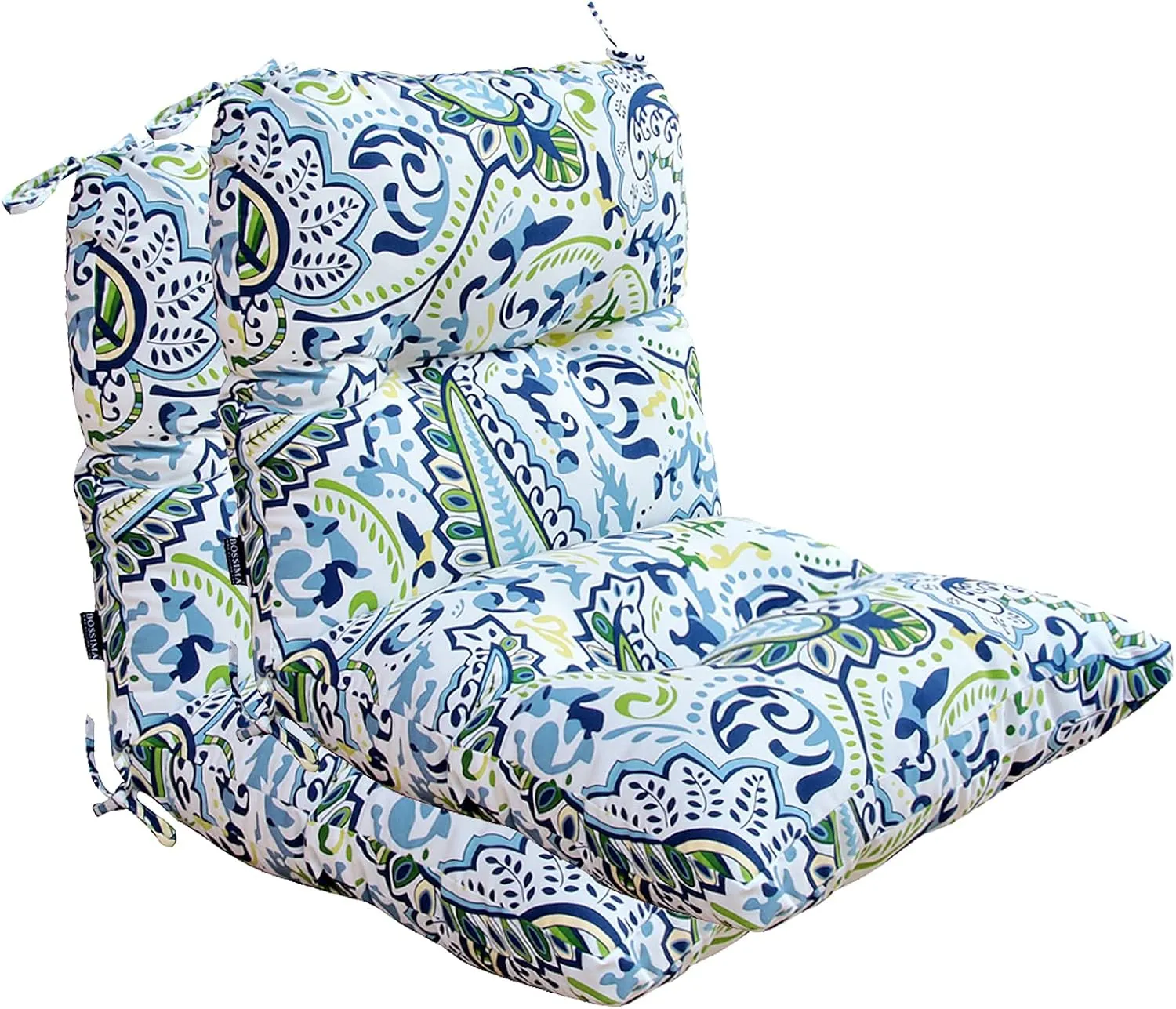 BOSSIMA Outdoor Indoor High Back Chair Tufted Thick Cushions Comfort Replacement Patio Seating Cushions Set of 2 Green/Blue Paisley