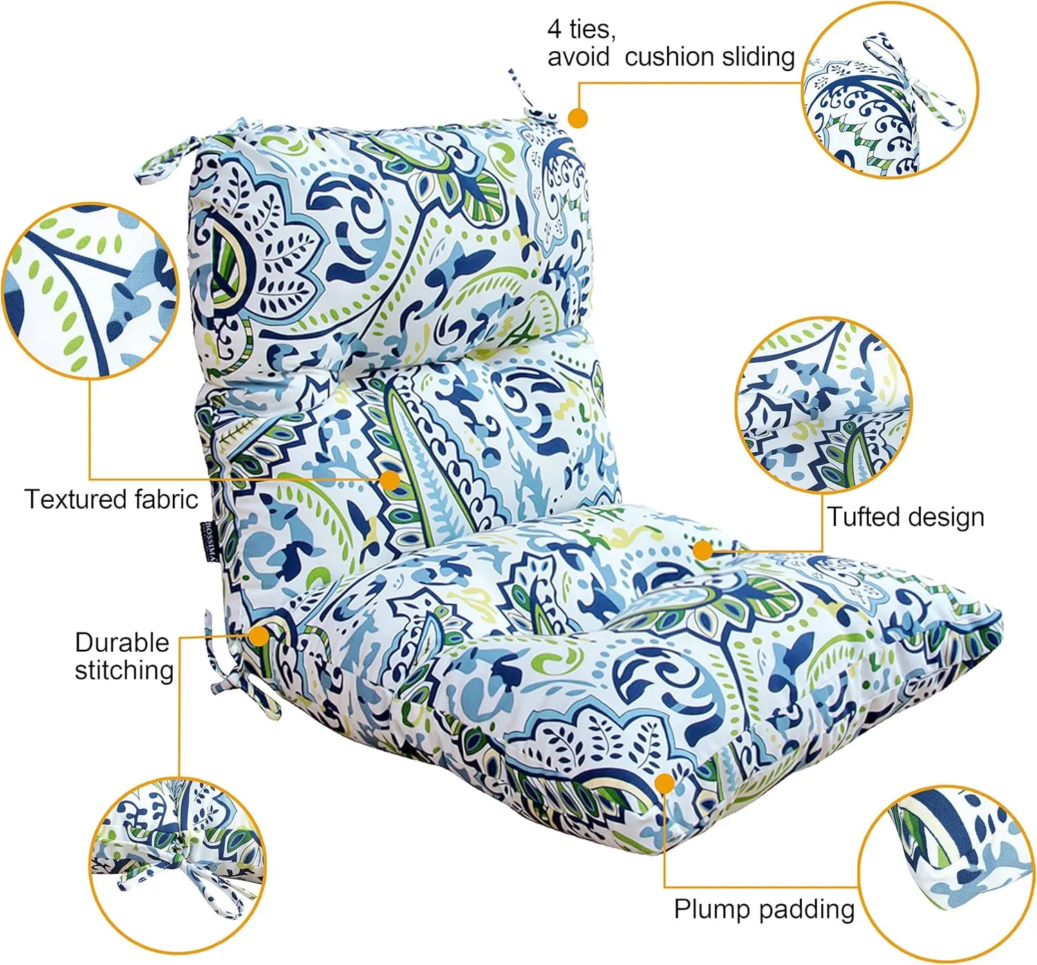 BOSSIMA Outdoor Indoor High Back Chair Tufted Thick Cushions Comfort Replacement Patio Seating Cushions Set of 2 Green/Blue Paisley