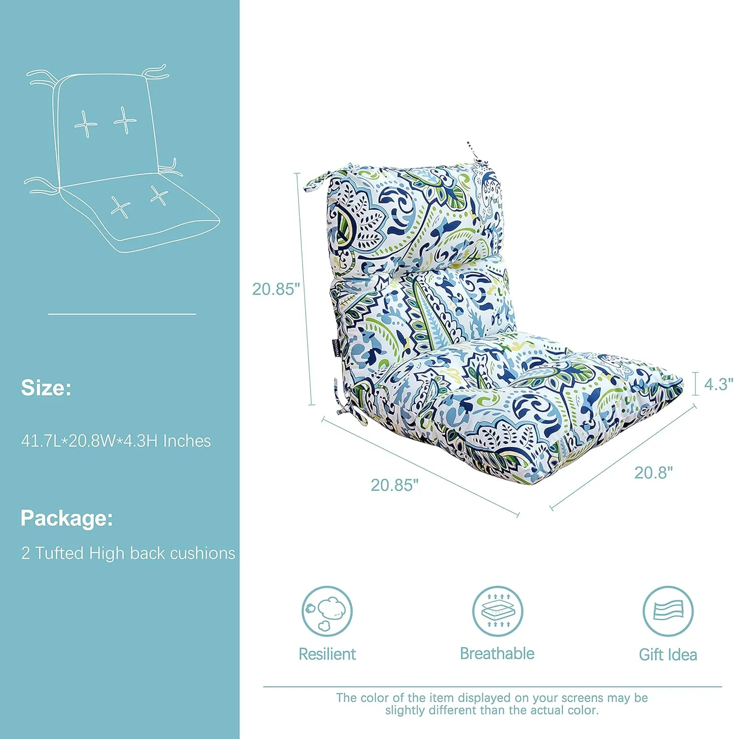BOSSIMA Outdoor Indoor High Back Chair Tufted Thick Cushions Comfort Replacement Patio Seating Cushions Set of 2 Green/Blue Paisley