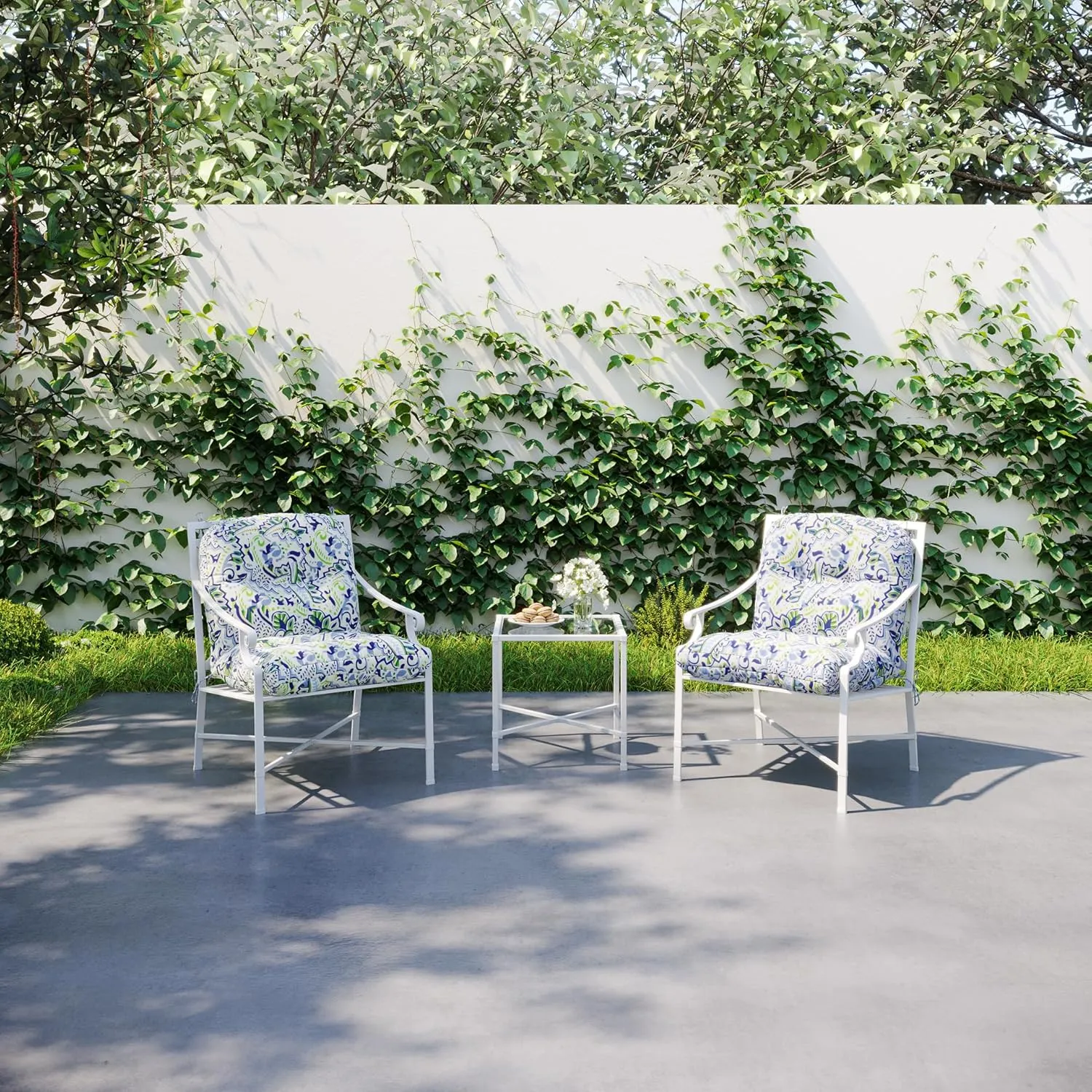 BOSSIMA Outdoor Indoor High Back Chair Tufted Thick Cushions Comfort Replacement Patio Seating Cushions Set of 2 Green/Blue Paisley