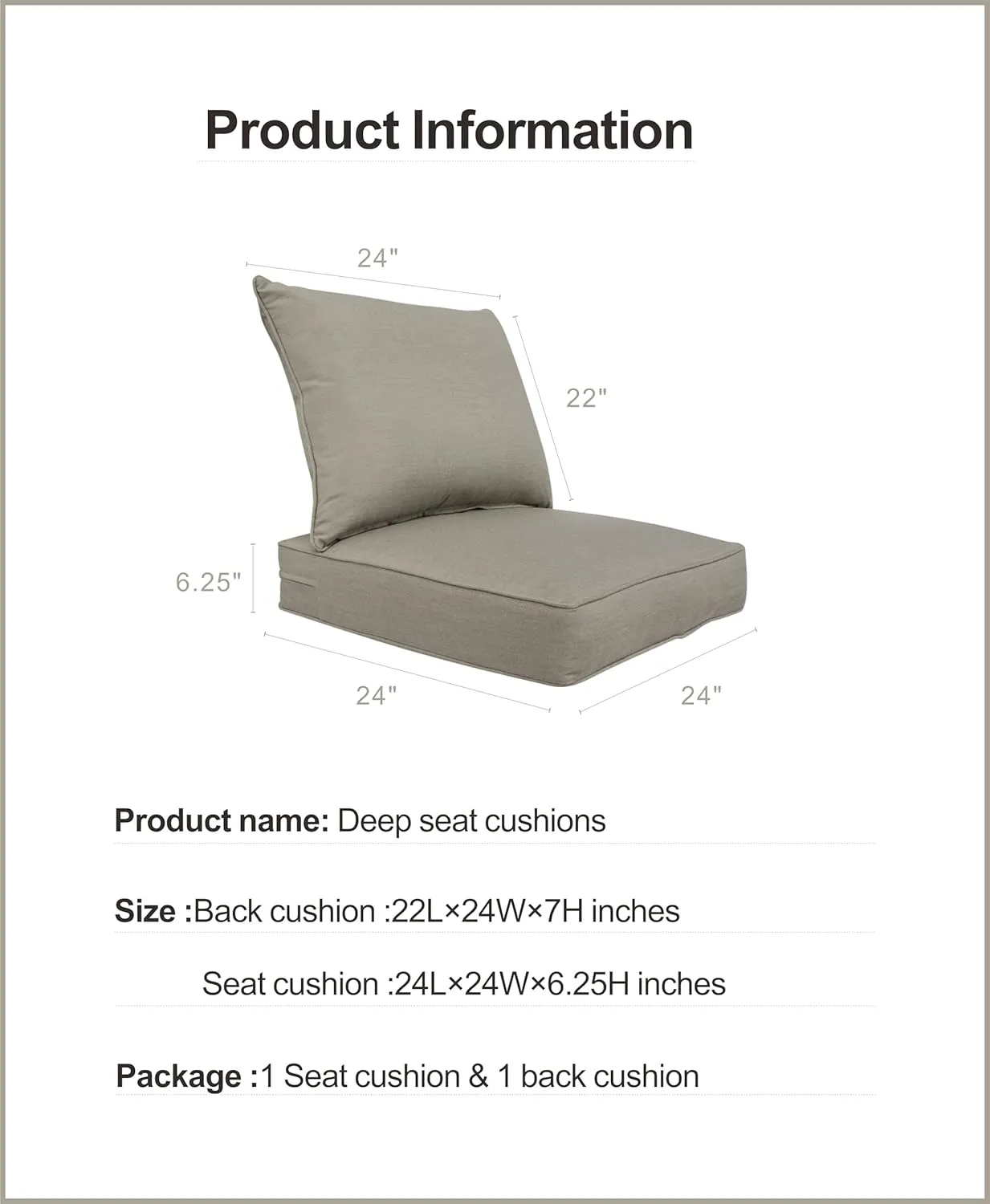 BOSSIMA Outdoor Patio Cushions 24"×24“ Deep Seat Chair Cushions Furniture Cushions, Sunbrella Canvas Black