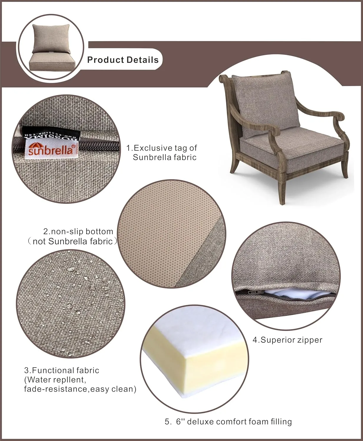 BOSSIMA Outdoor Patio Cushions Deep Seat Chair Cushions Furniture Cushions White, Sunbrella Blend Nomad