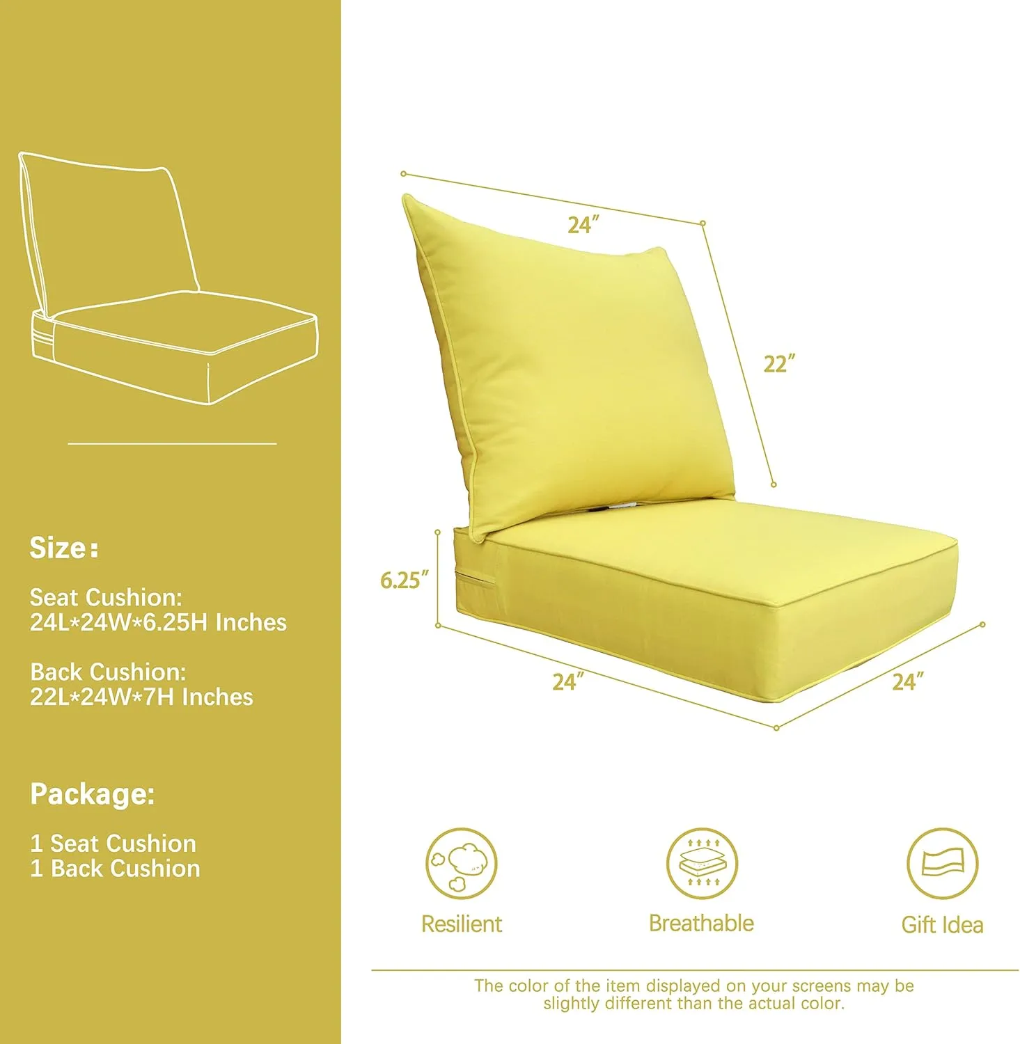 BOSSIMA Outdoor Patio Deep Seat Chair Cushions Furniture Foam Cushion 24x24, Sunbrella Passage-Poppy
