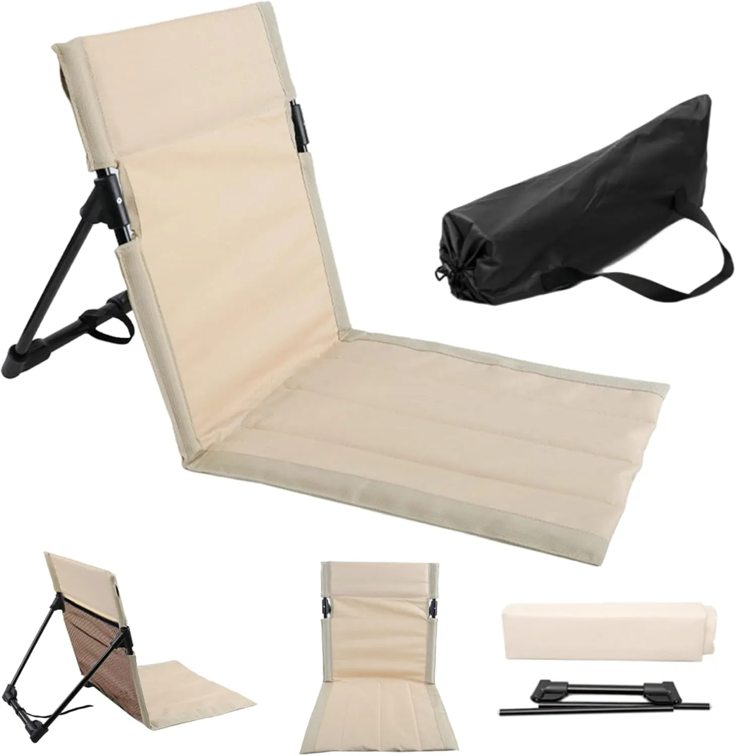Breathable Portable Beach Chair With Sponge Filling & Mesh Pocket - Soft & Sturdy For Fishing, Barbecues, Hiking, (Beige), Folding Floor Chair