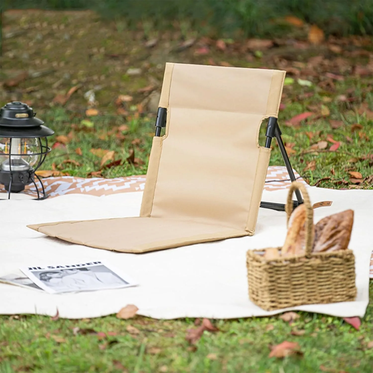 Breathable Portable Beach Chair With Sponge Filling & Mesh Pocket - Soft & Sturdy For Fishing, Barbecues, Hiking, (Beige), Folding Floor Chair