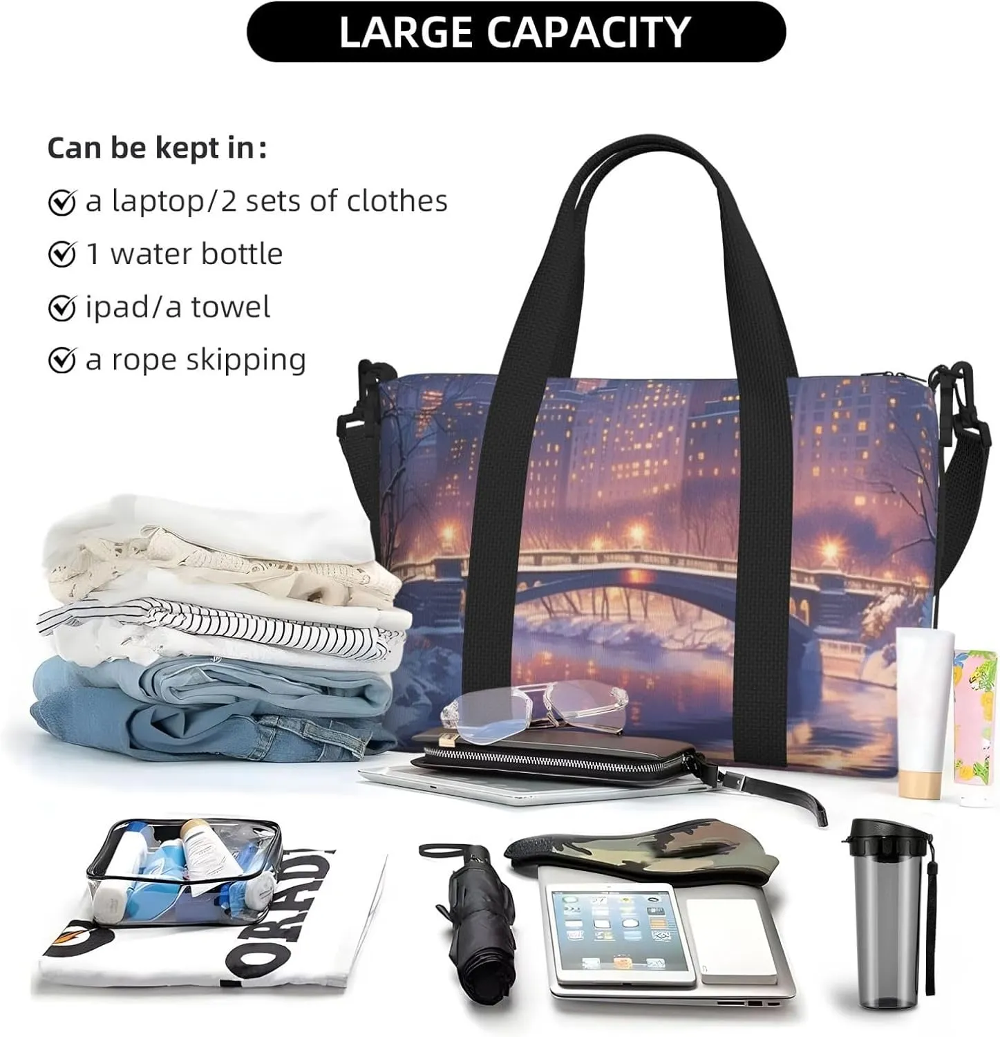 bridge print Travel Duffel Bag, Sports Tote Gym Bag, Swim Pool Bag Large Shoulder Tote Bag for Beach Weekender