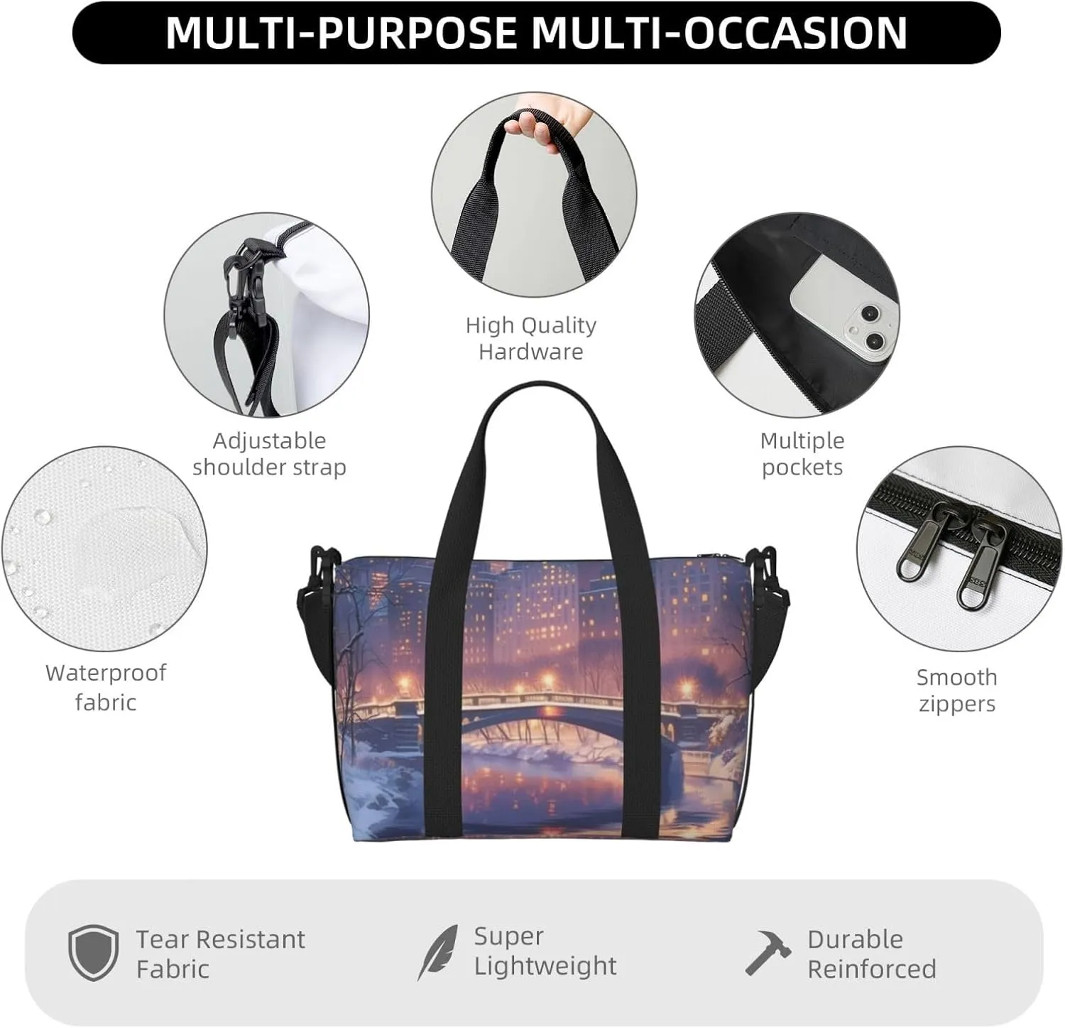 bridge print Travel Duffel Bag, Sports Tote Gym Bag, Swim Pool Bag Large Shoulder Tote Bag for Beach Weekender