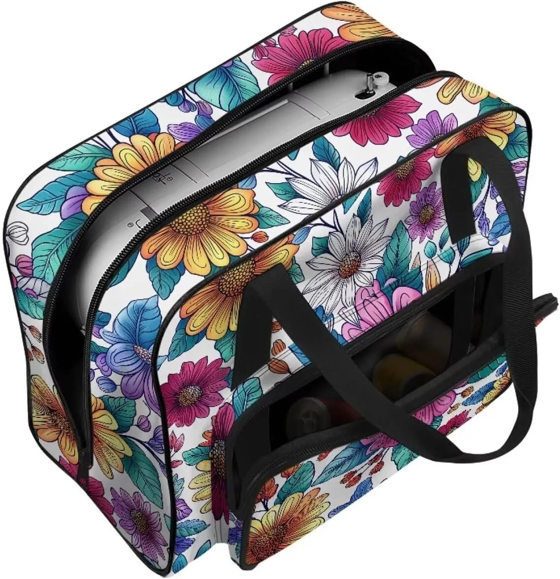 Bright Flower Sewing Machine Carrying Case,Lightweight Carry Tote Bag,Portable Padded Storage Dust Cover with Pockets for Sewing Machine