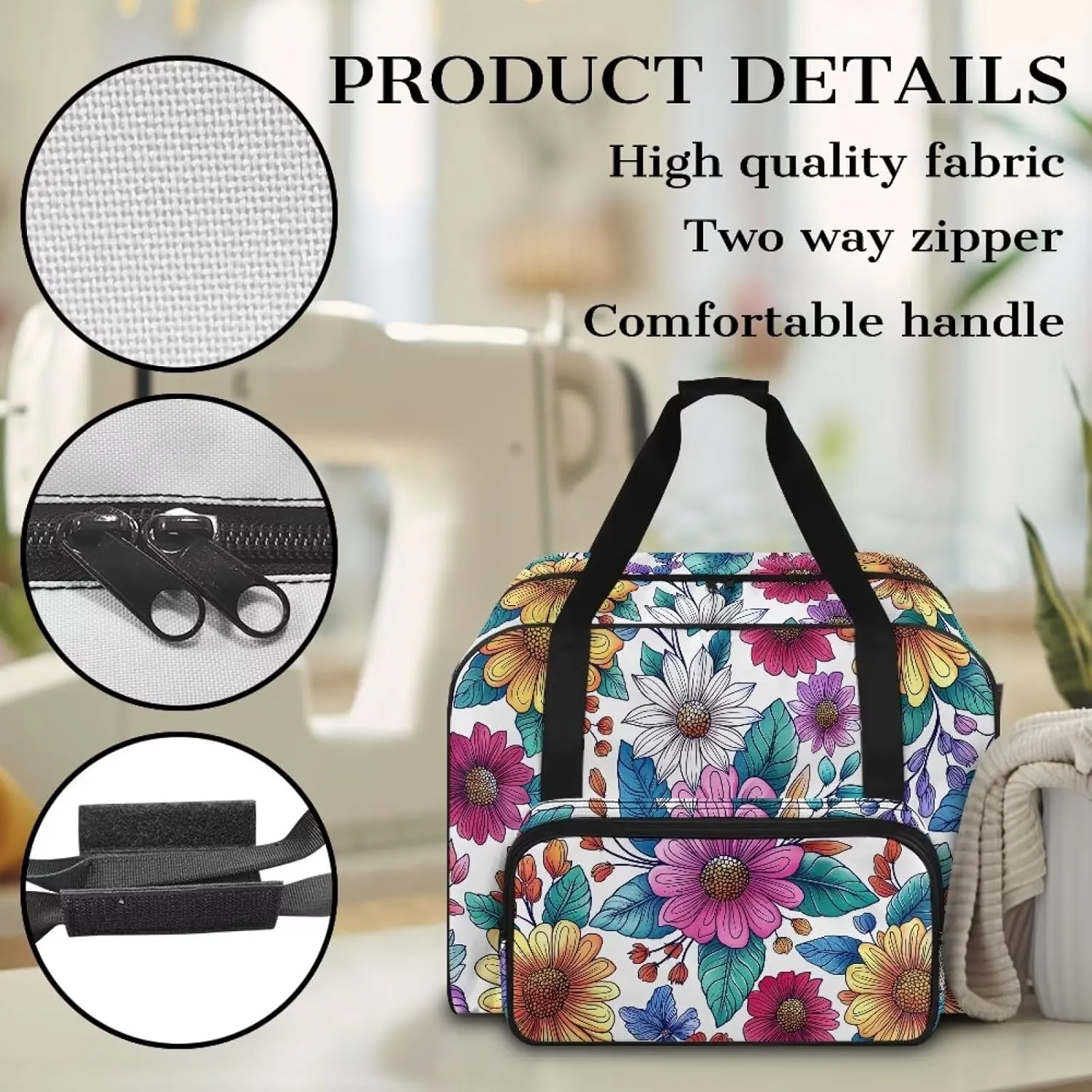 Bright Flower Sewing Machine Carrying Case,Lightweight Carry Tote Bag,Portable Padded Storage Dust Cover with Pockets for Sewing Machine