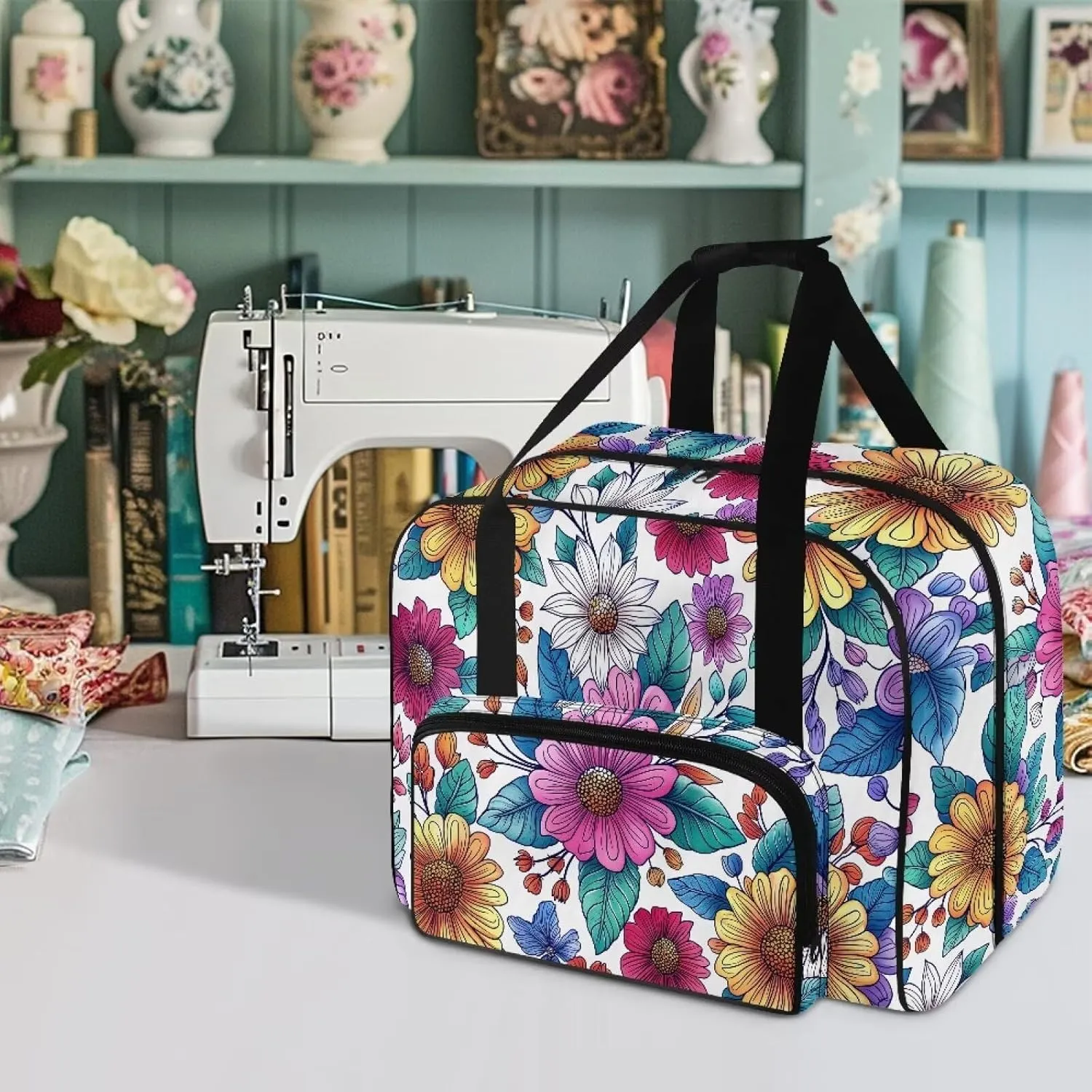 Bright Flower Sewing Machine Carrying Case,Lightweight Carry Tote Bag,Portable Padded Storage Dust Cover with Pockets for Sewing Machine