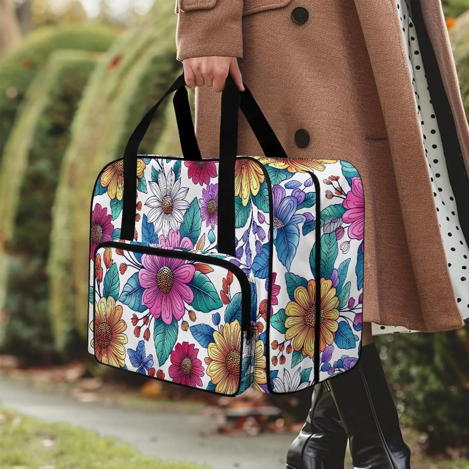 Bright Flower Sewing Machine Carrying Case,Lightweight Carry Tote Bag,Portable Padded Storage Dust Cover with Pockets for Sewing Machine