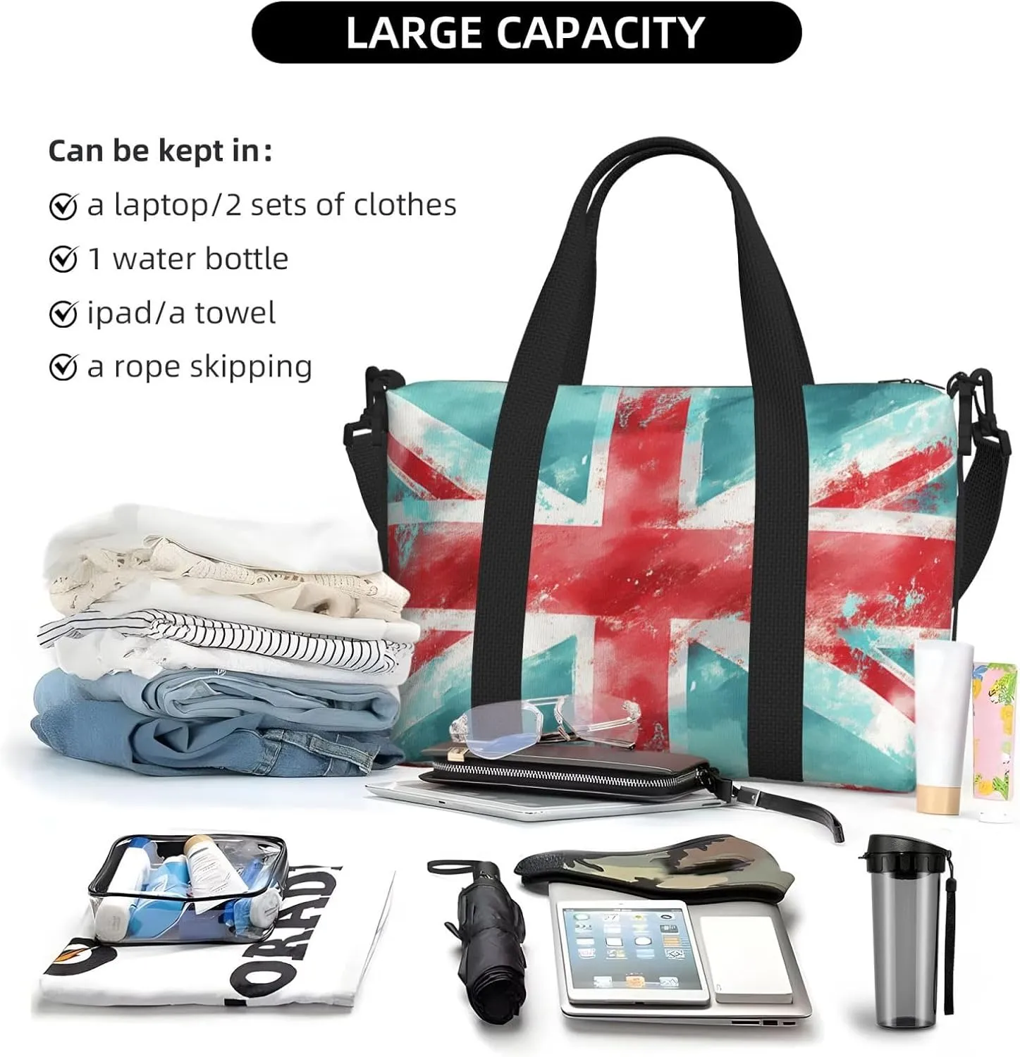 britain united flag watercolor art print Travel Duffel Bag, Sports Tote Gym Bag, Swim Pool Bag Large Shoulder Tote Bag for Beach Weekender, 202-406-121