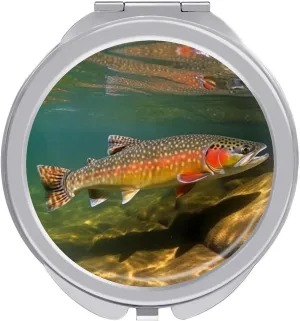 Brook Trout Fly Fishing Travel Makeup Mirror, 1x/2x Magnification, Portable Pocket Mirror for Purse Round Mini Cosmetic Compact Mirror Cute Handbag Mirror