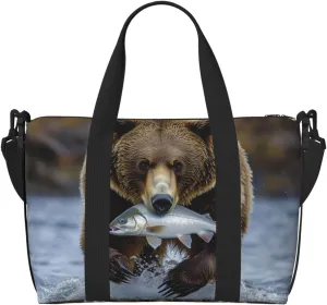 brown bear carrying fish print Travel Duffel Bag, Sports Tote Gym Bag, Swim Pool Bag Large Shoulder Tote Bag for Beach Weekender