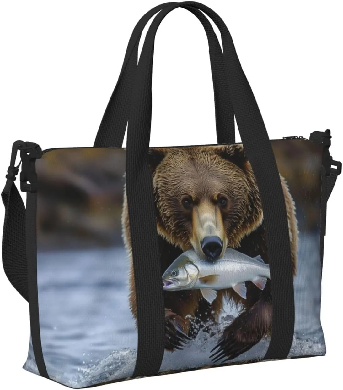 brown bear carrying fish print Travel Duffel Bag, Sports Tote Gym Bag, Swim Pool Bag Large Shoulder Tote Bag for Beach Weekender
