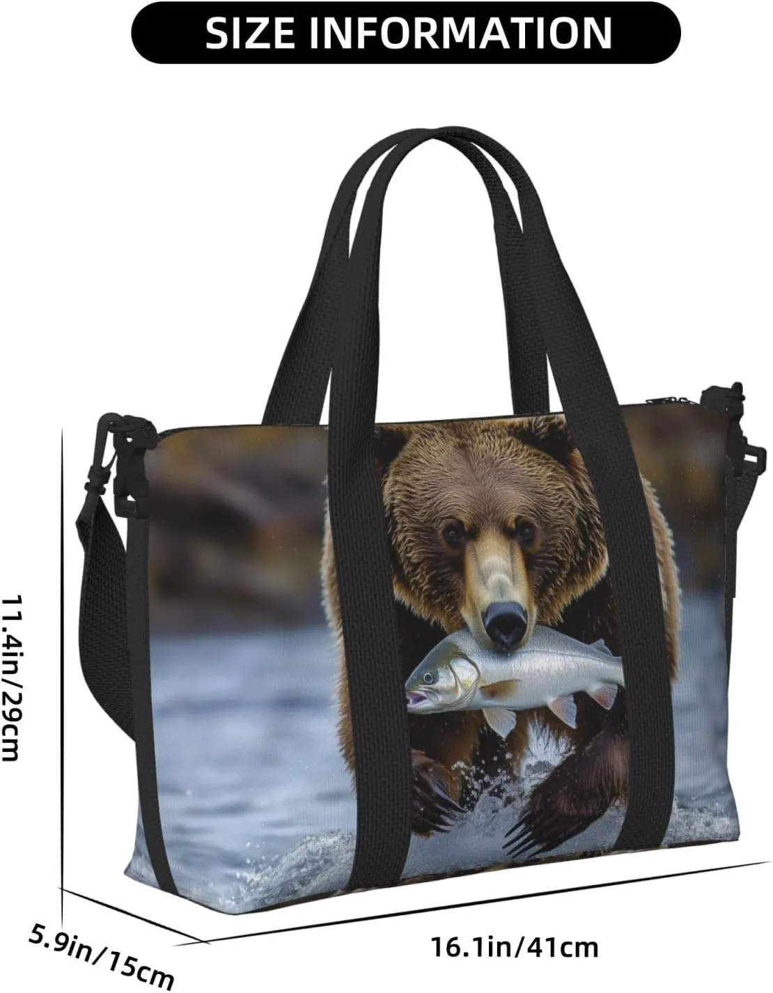 brown bear carrying fish print Travel Duffel Bag, Sports Tote Gym Bag, Swim Pool Bag Large Shoulder Tote Bag for Beach Weekender